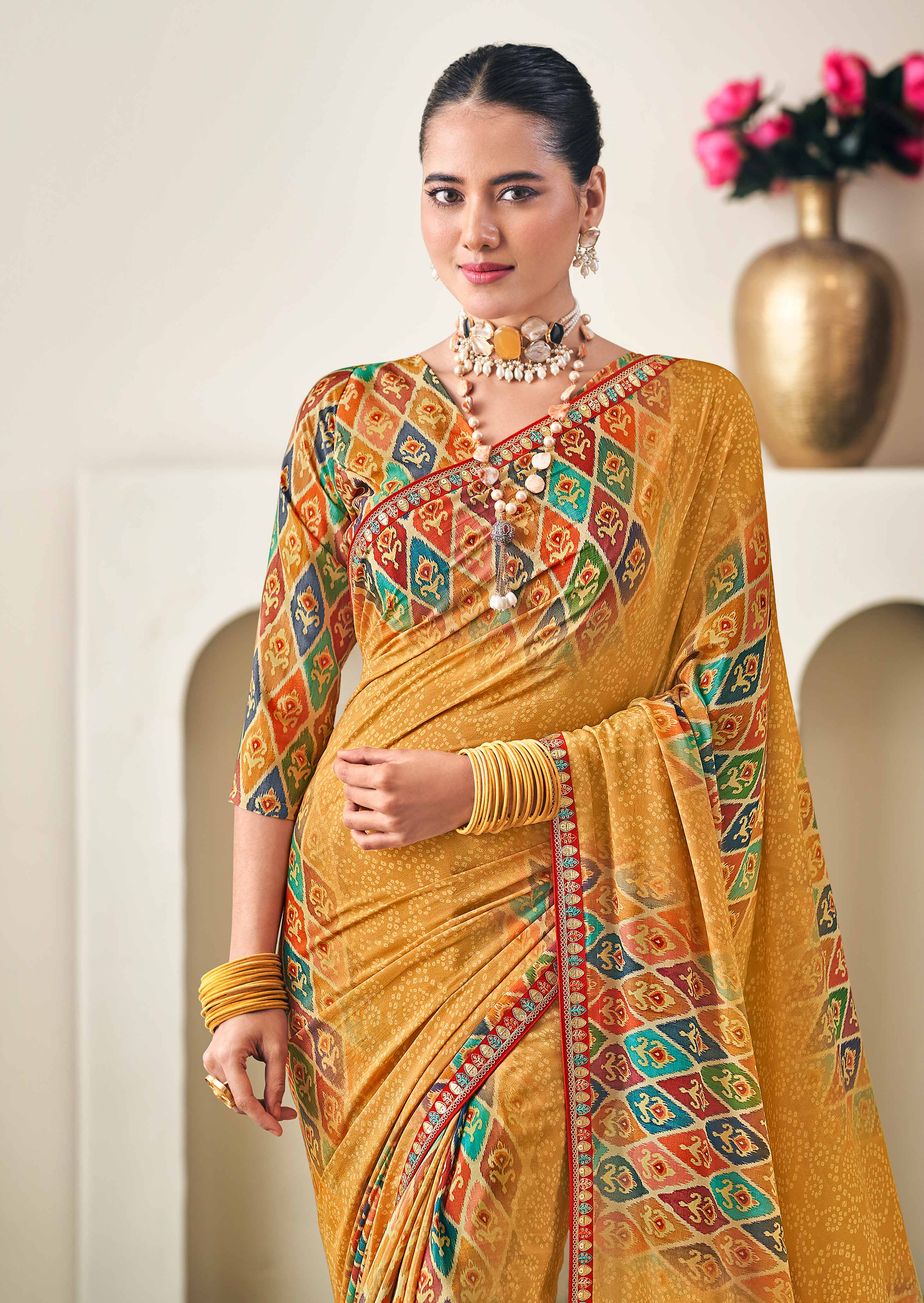 Mustard Floral Print Crepe Silk Saree - Dilkhush