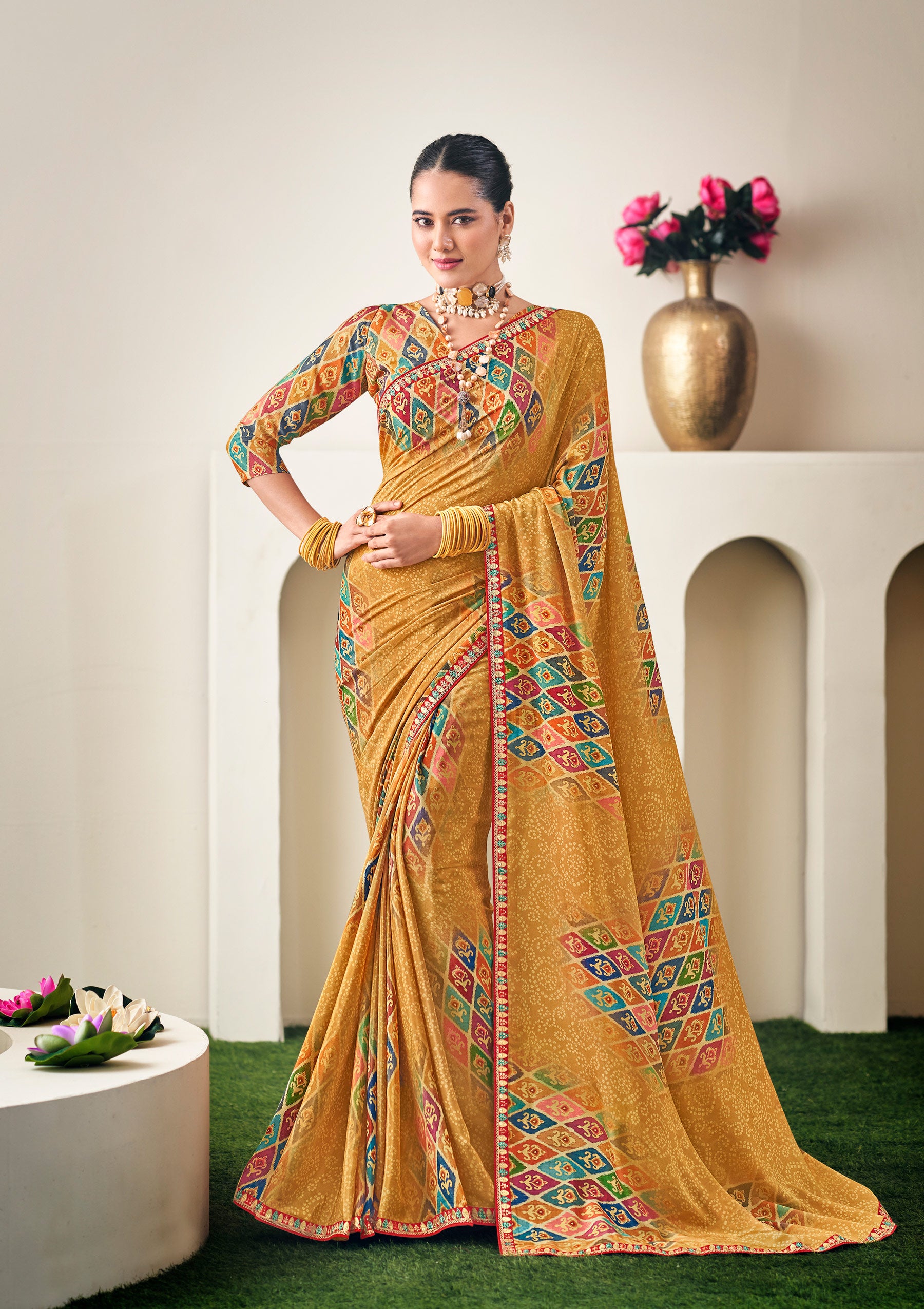 Mustard Floral Print Crepe Silk Saree - Dilkhush