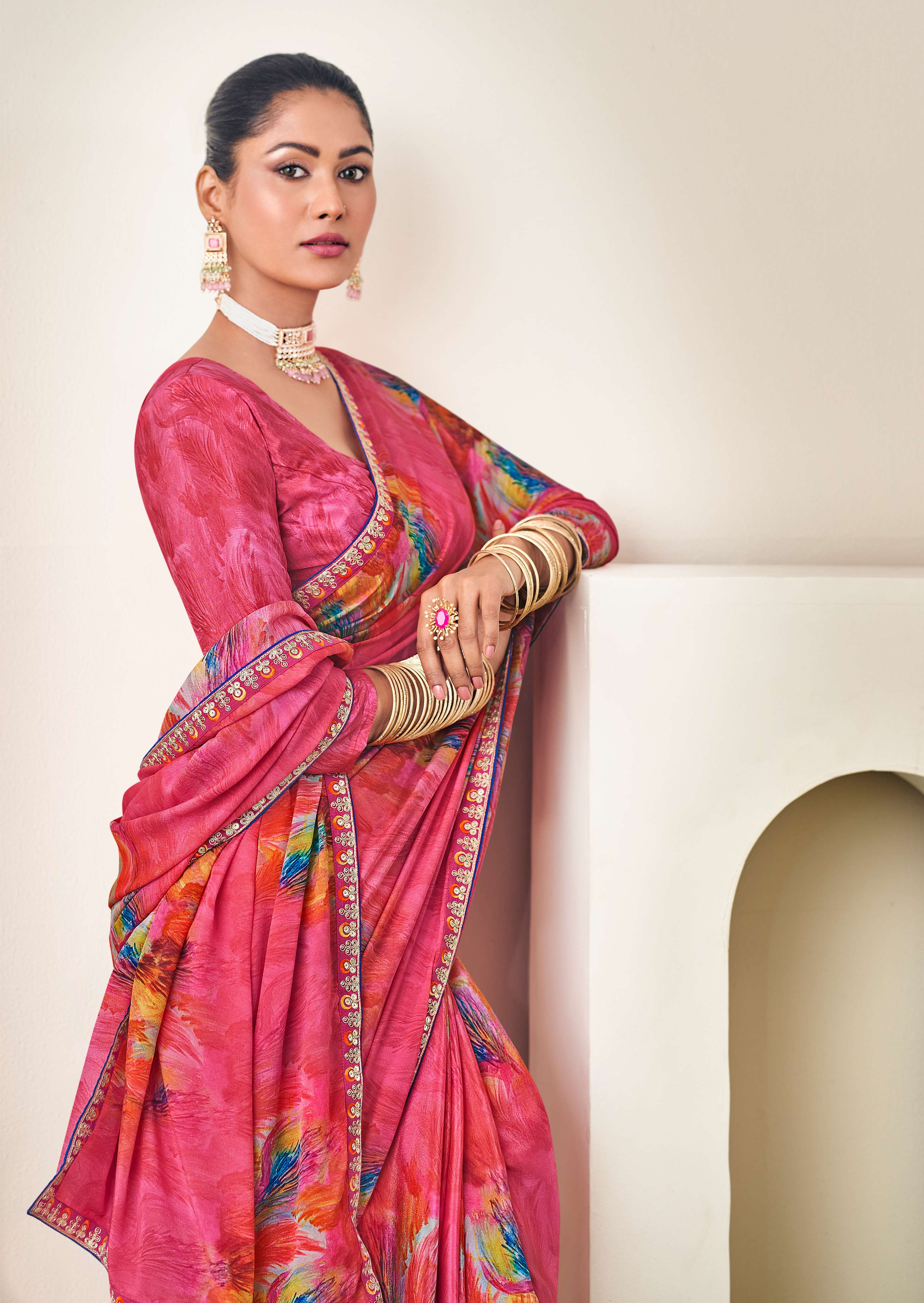 Pink Abstract Print Crepe Silk Saree- Dilkhush
