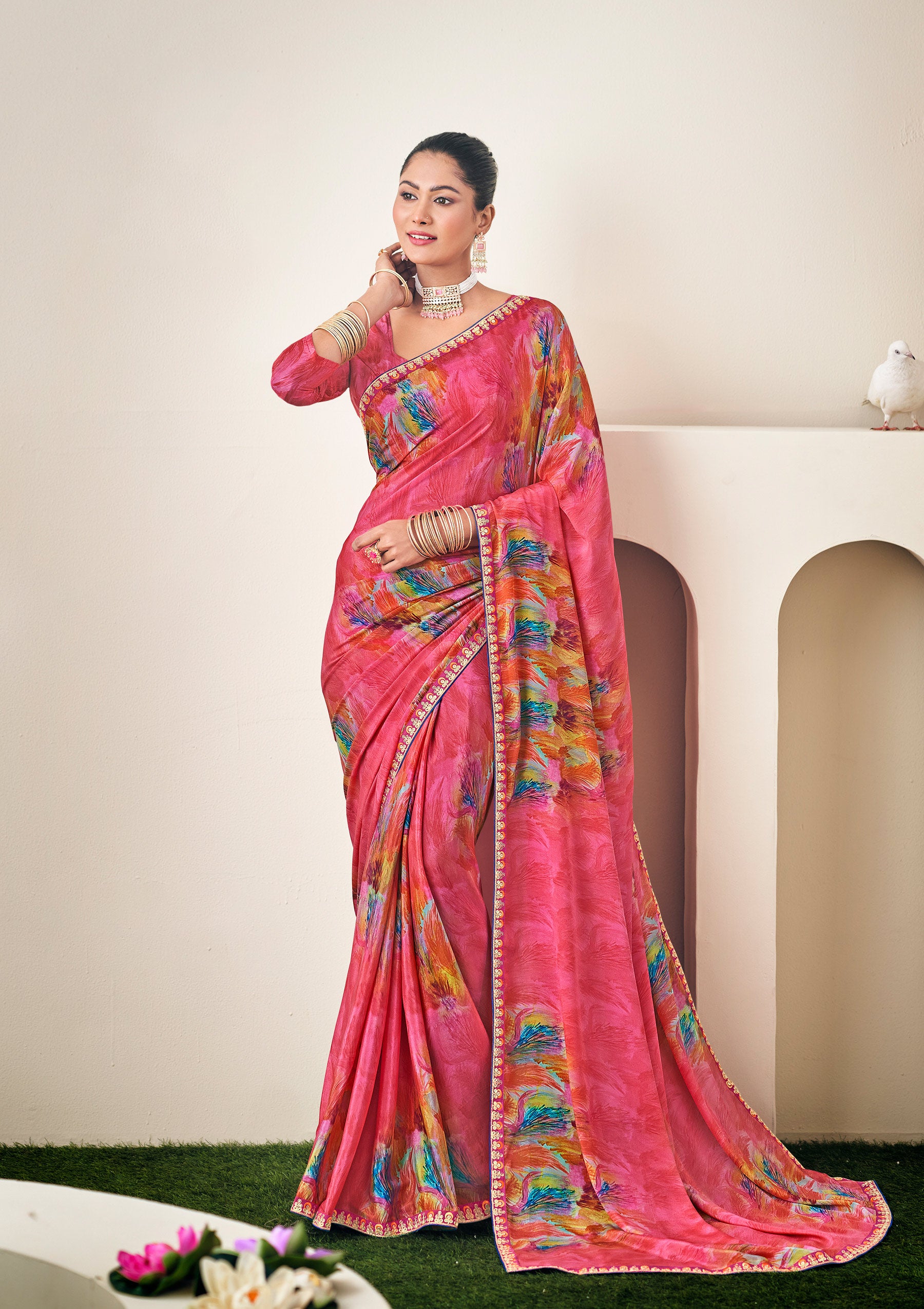 Pink Abstract Print Crepe Silk Saree- Dilkhush