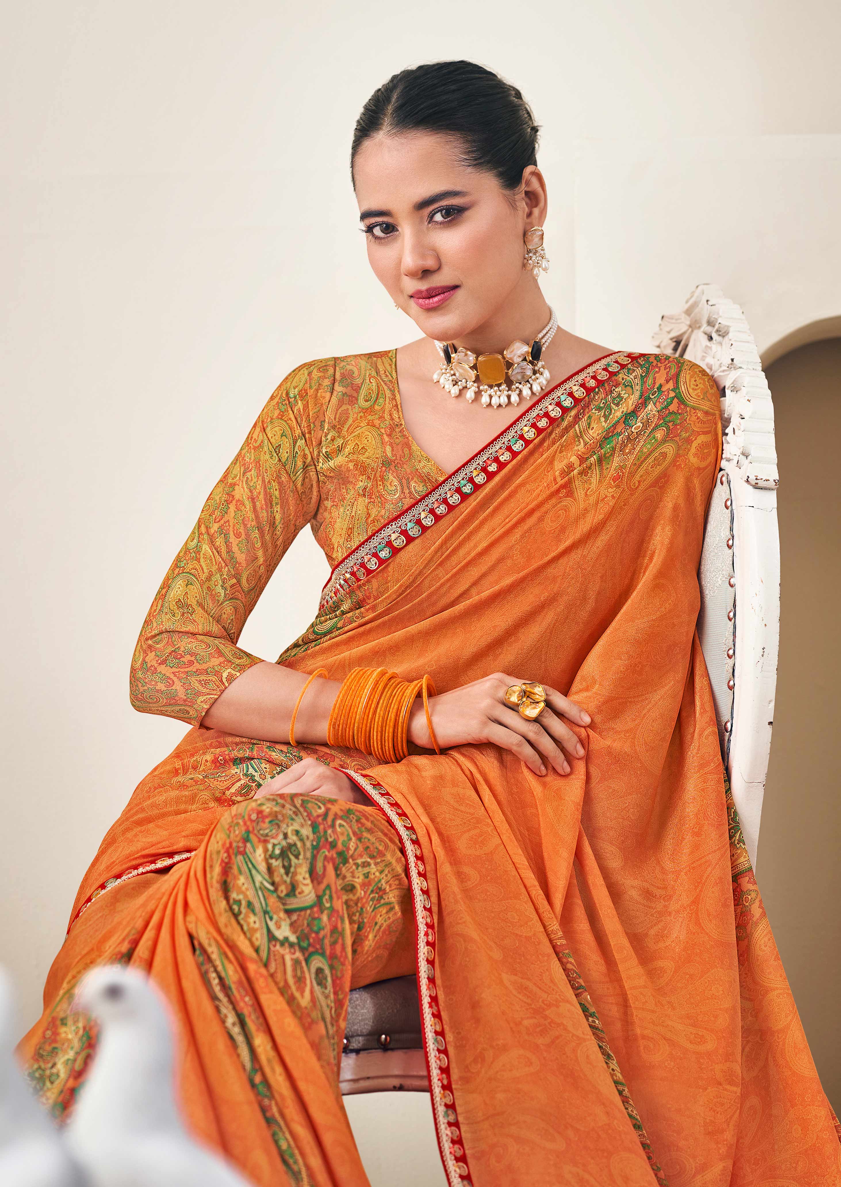 Orange Floral Print Crepe Silk Saree- Dilkhush