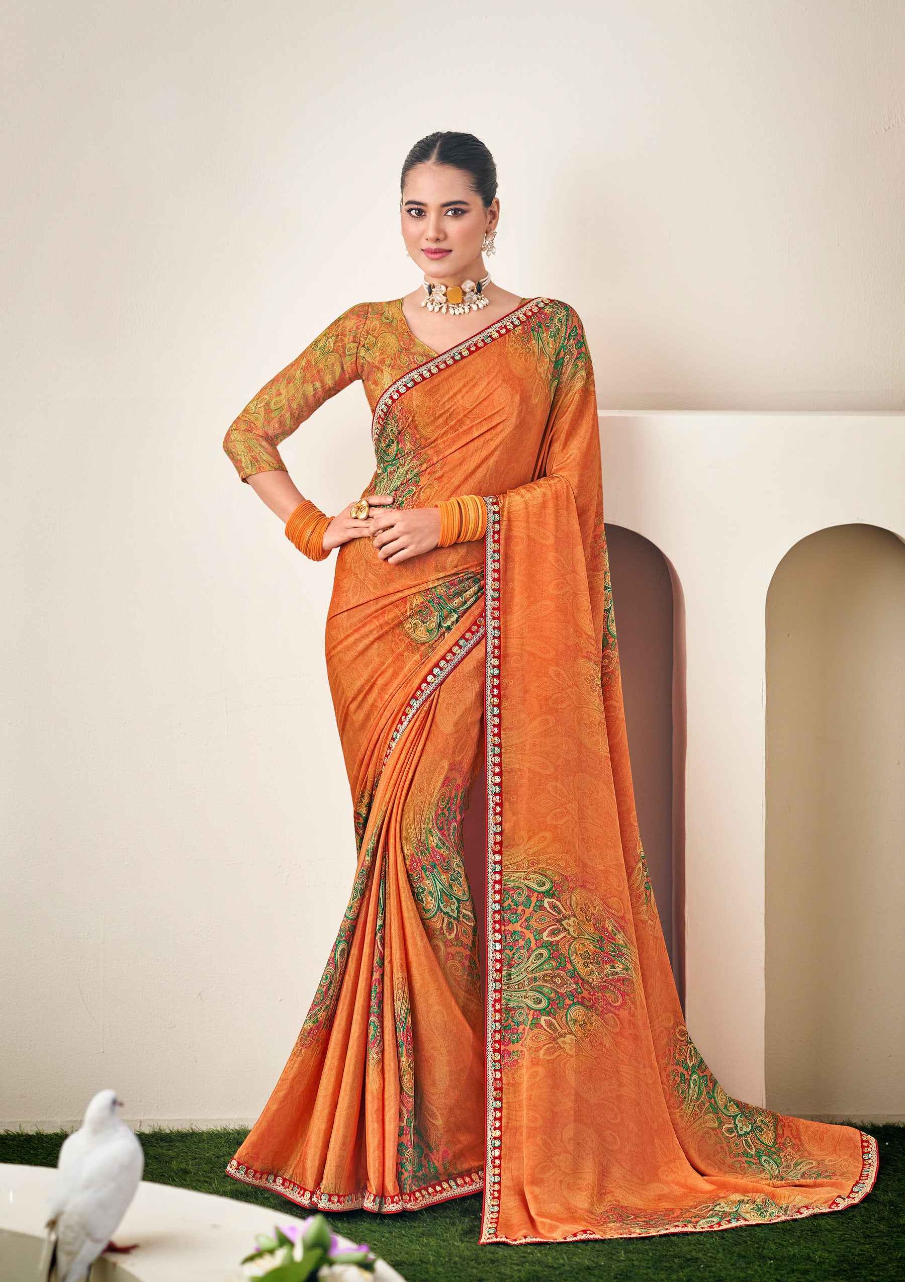 Orange Floral Print Crepe Silk Saree- Dilkhush