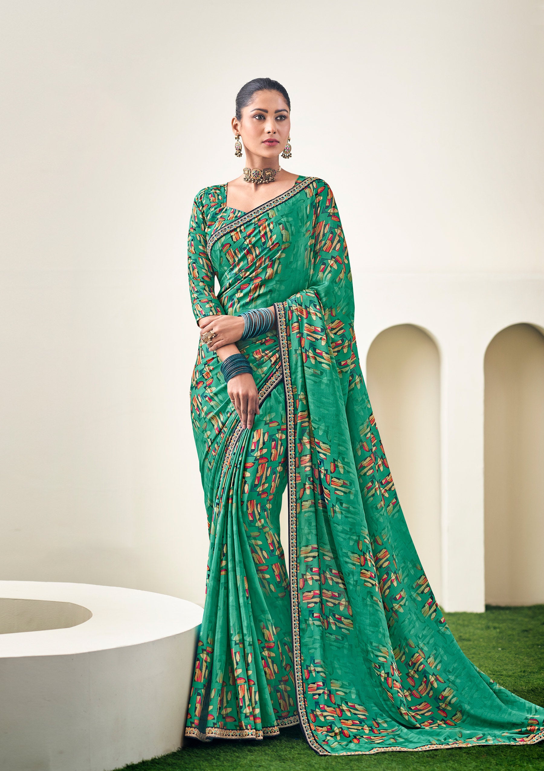 Green Crepe Silk Saree with Geometric Print- Dilkhush