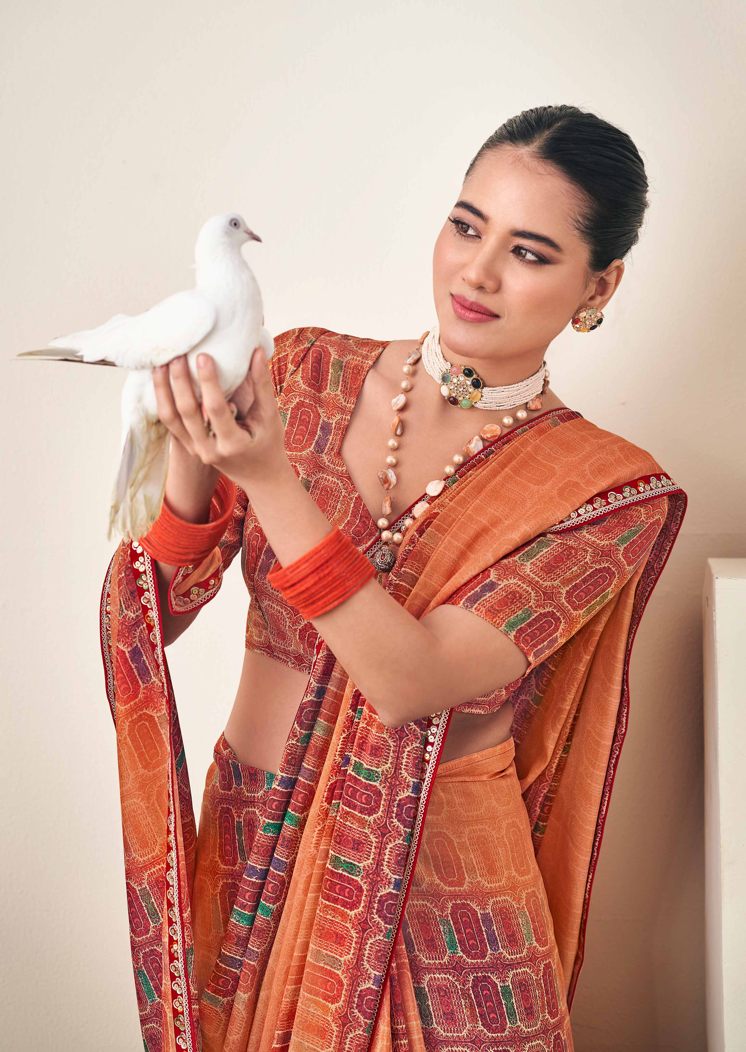 Orange Crepe Silk Saree with Geometric Print- Dilkhush