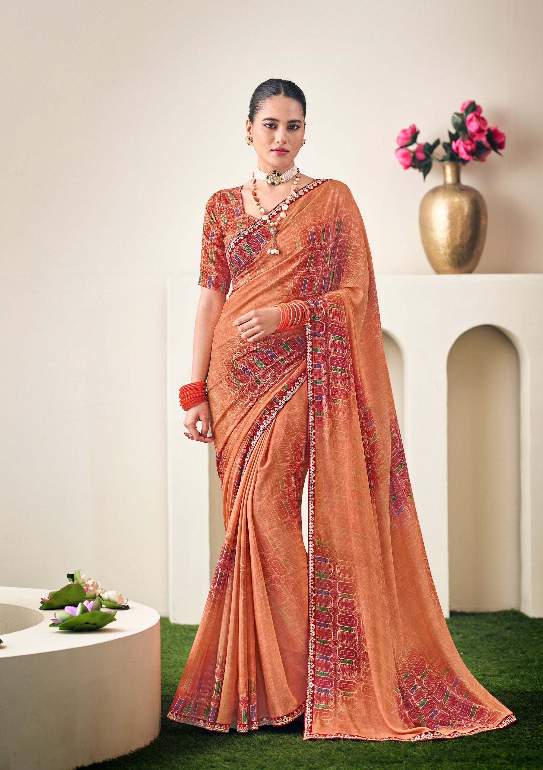 Orange Crepe Silk Saree with Geometric Print- Dilkhush