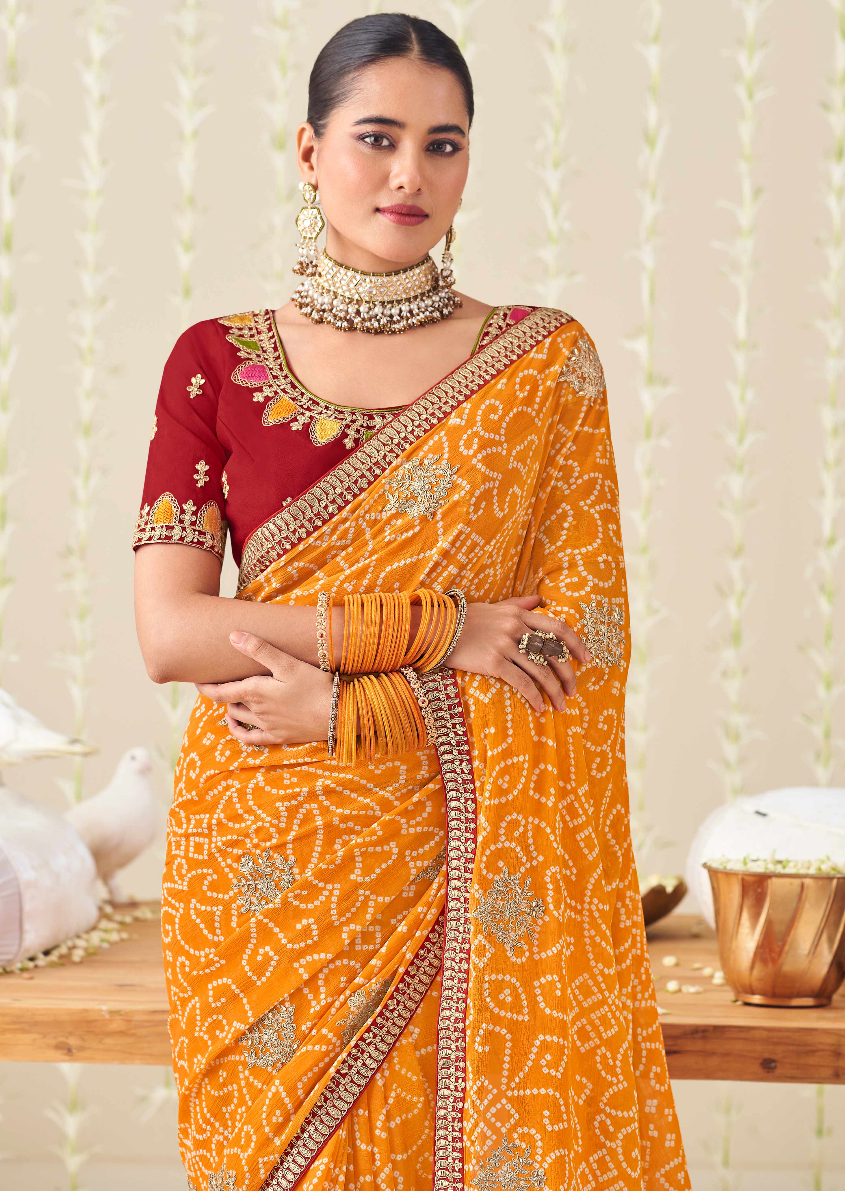 Laxmipati Nazakat Floral Embroidered Chiffon Saree in Orange Color with Unstitched Blouse