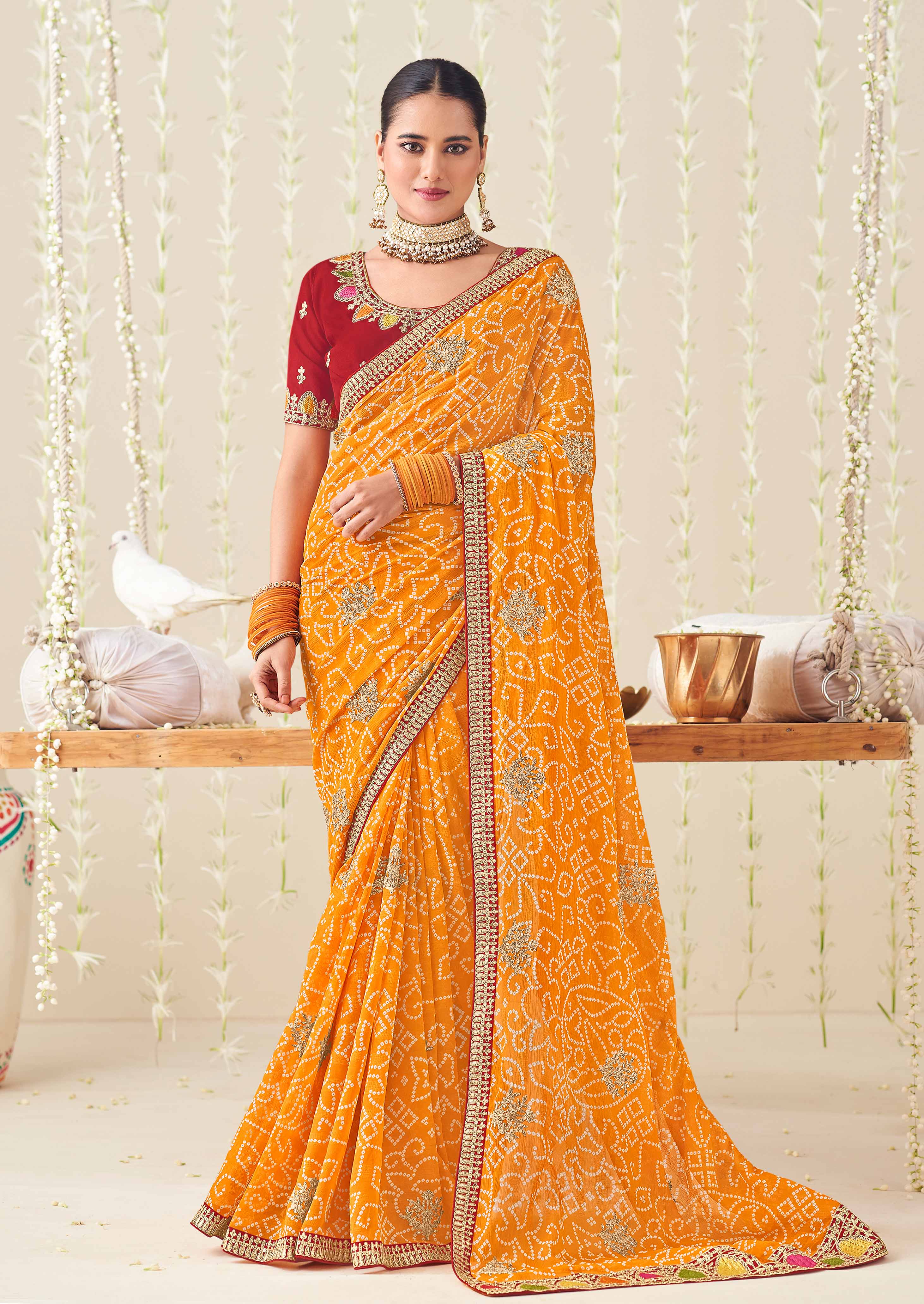 Laxmipati Nazakat Floral Embroidered Chiffon Saree in Orange Color with Unstitched Blouse