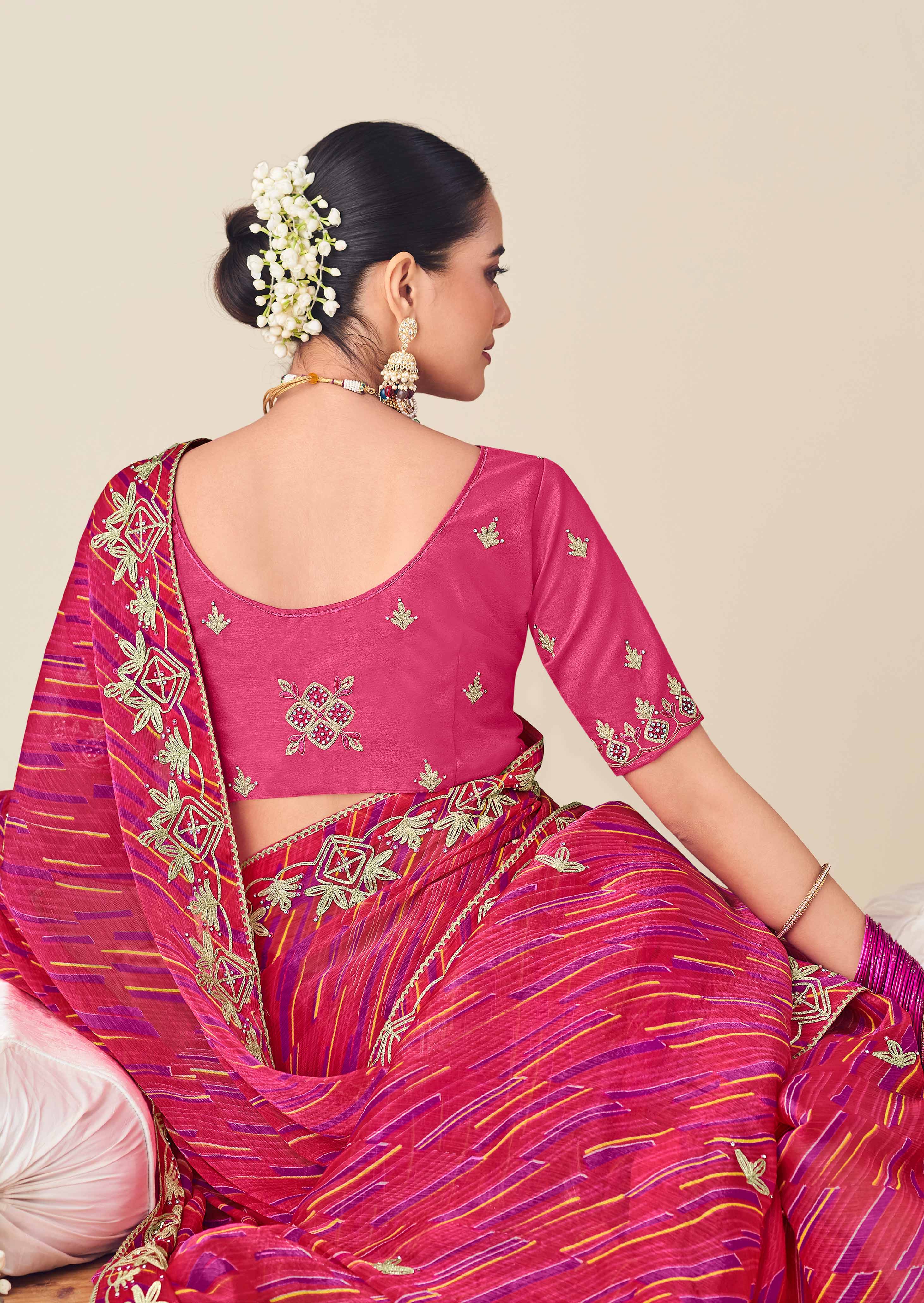 Laxmipati Nazakat Floral Gotta Patti Chiffon Saree in Pink Color with Unstitched Blouse
