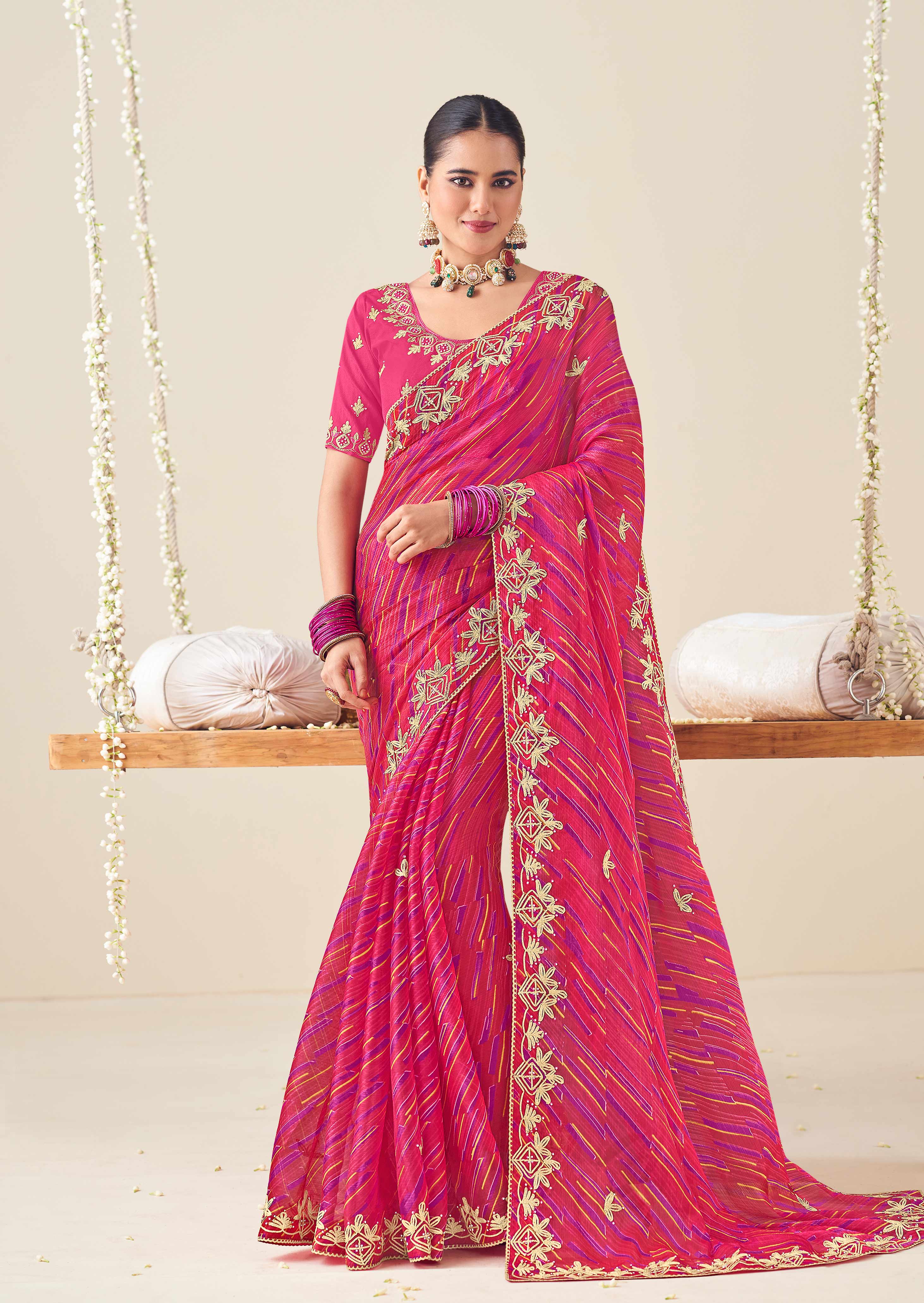 Laxmipati Nazakat Floral Gotta Patti Chiffon Saree in Pink Color with Unstitched Blouse