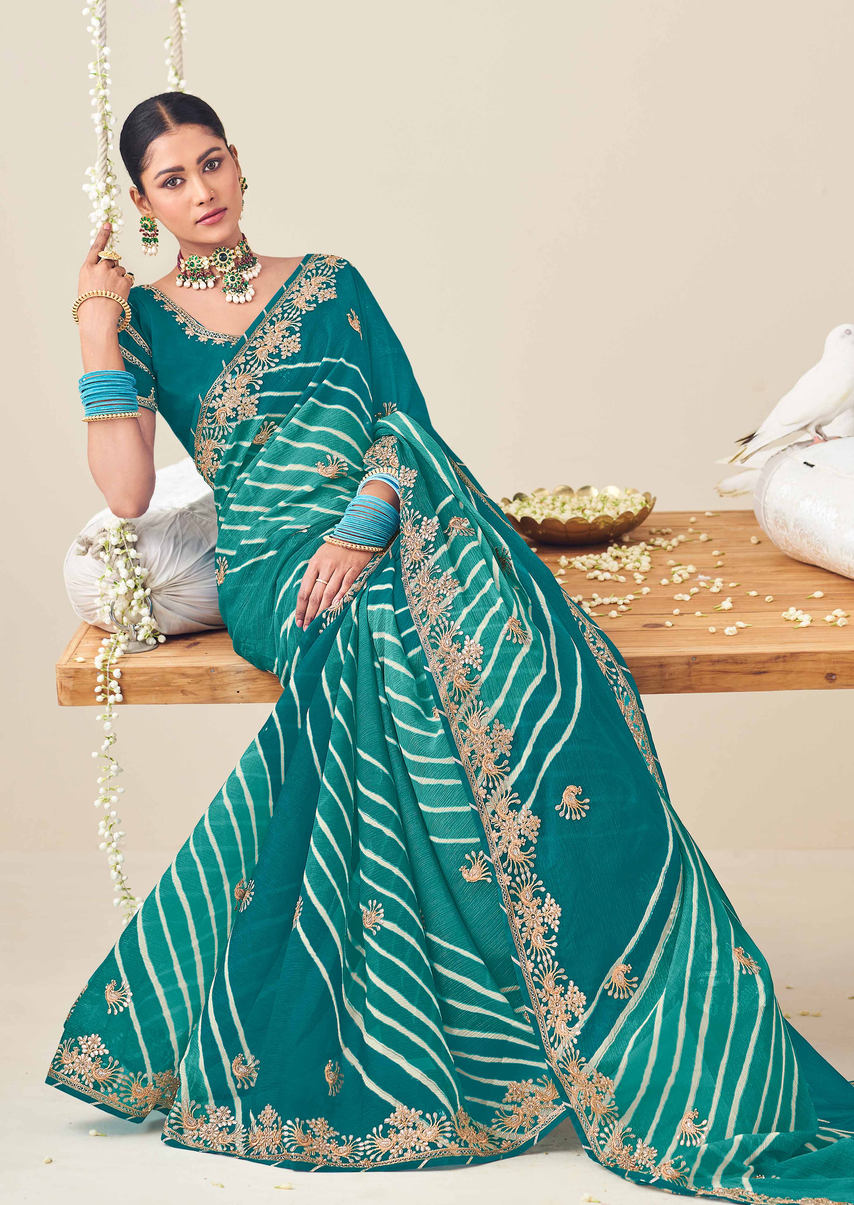 Laxmipati Nazakat Floral Embroidered Chiffon Saree in Teal Blue Color with Unstitched Blouse