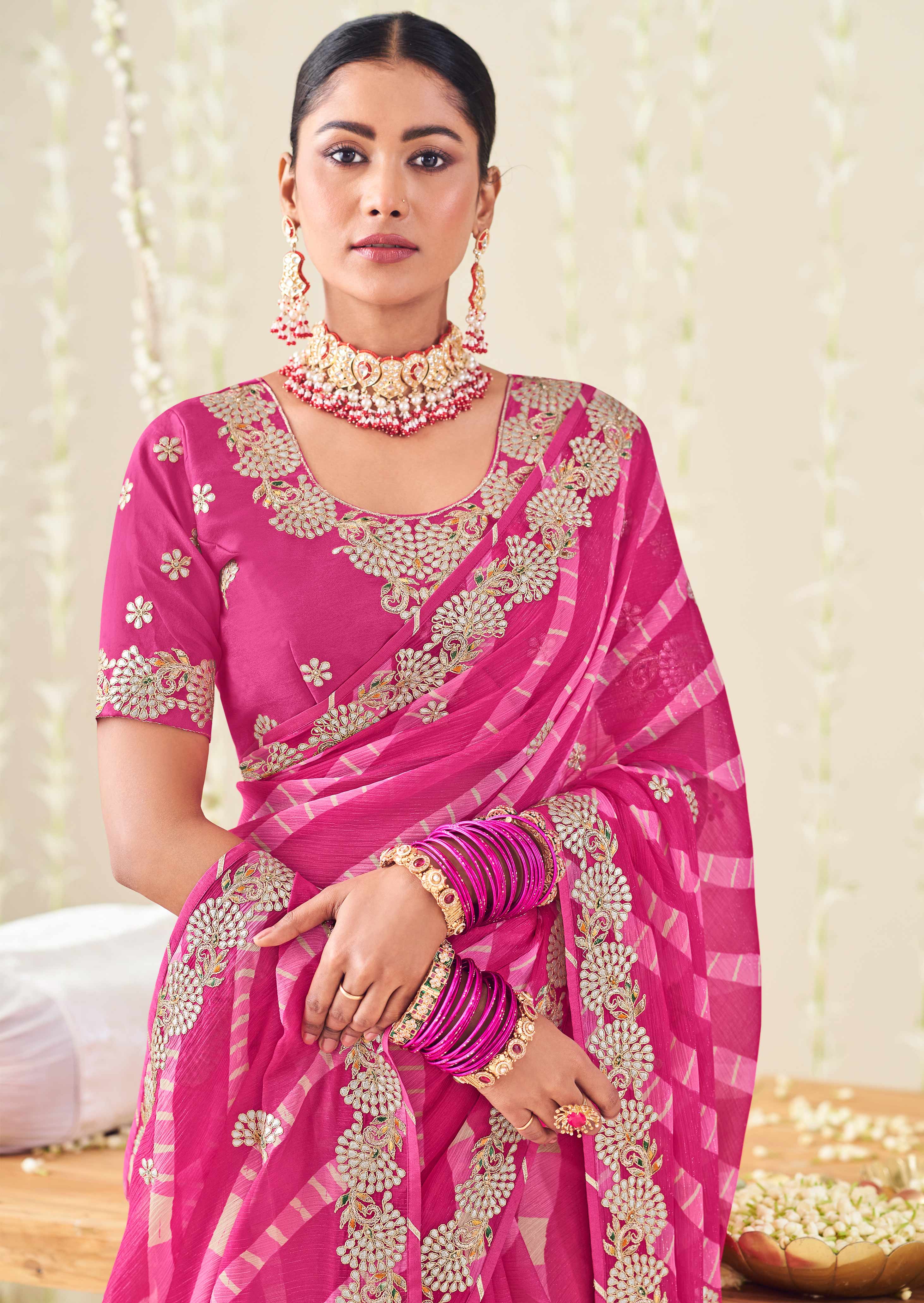 Laxmipati Nazakat Floral Embroidered Chiffon Saree in Pink Color with Unstitched Blouse