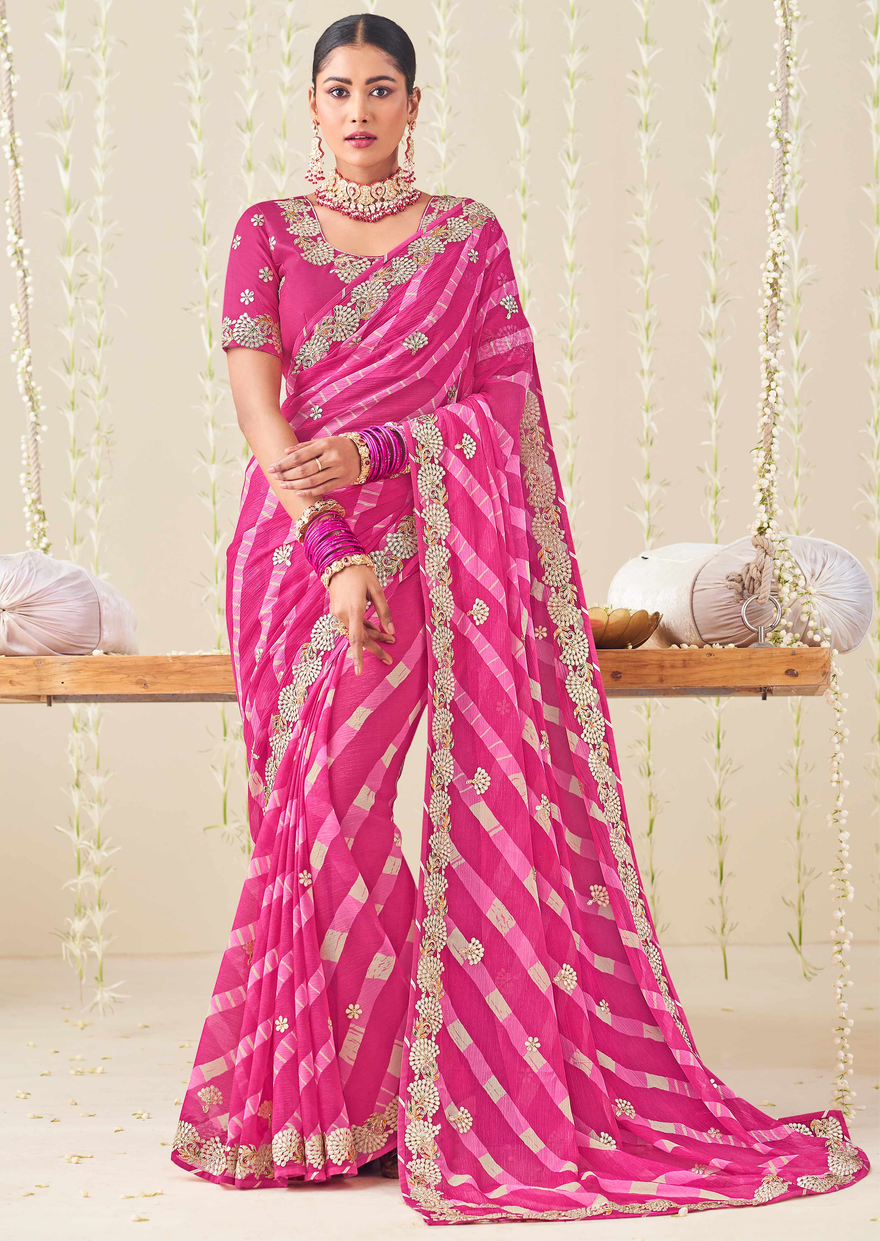 Laxmipati Nazakat Floral Embroidered Chiffon Saree in Pink Color with Unstitched Blouse