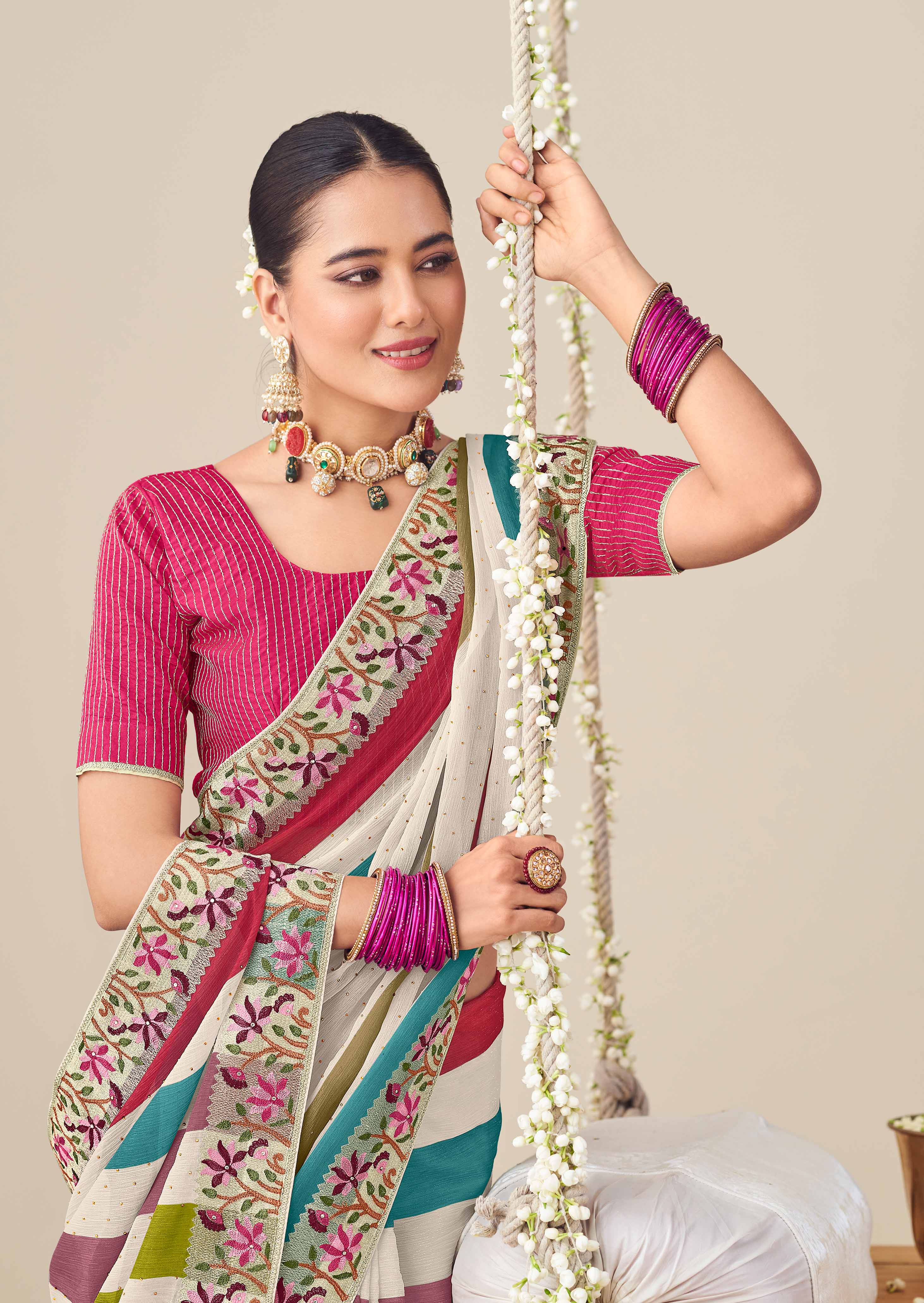 Laxmipati Nazakat Floral Embroidered Chiffon Saree in Multicolor with Unstiched Blouse