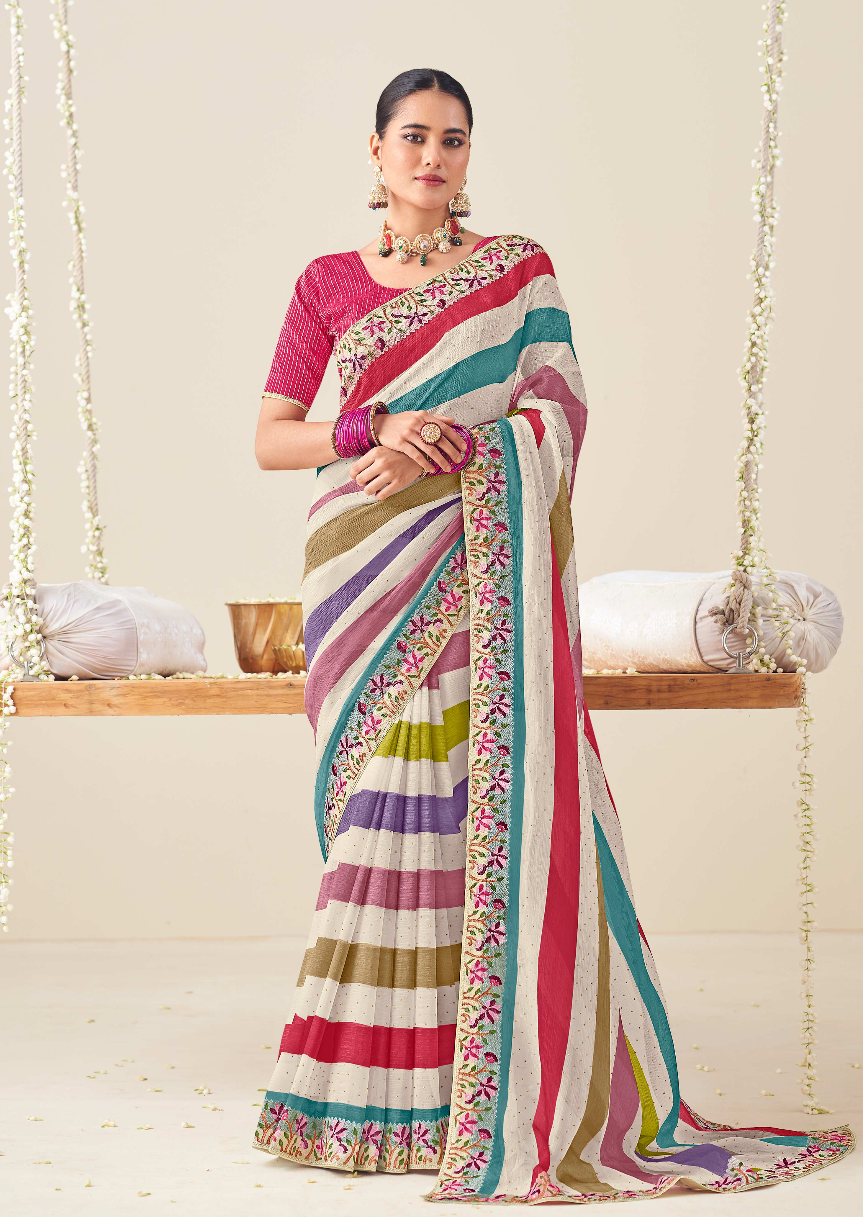 Laxmipati Nazakat Floral Embroidered Chiffon Saree in Multicolor with Unstiched Blouse
