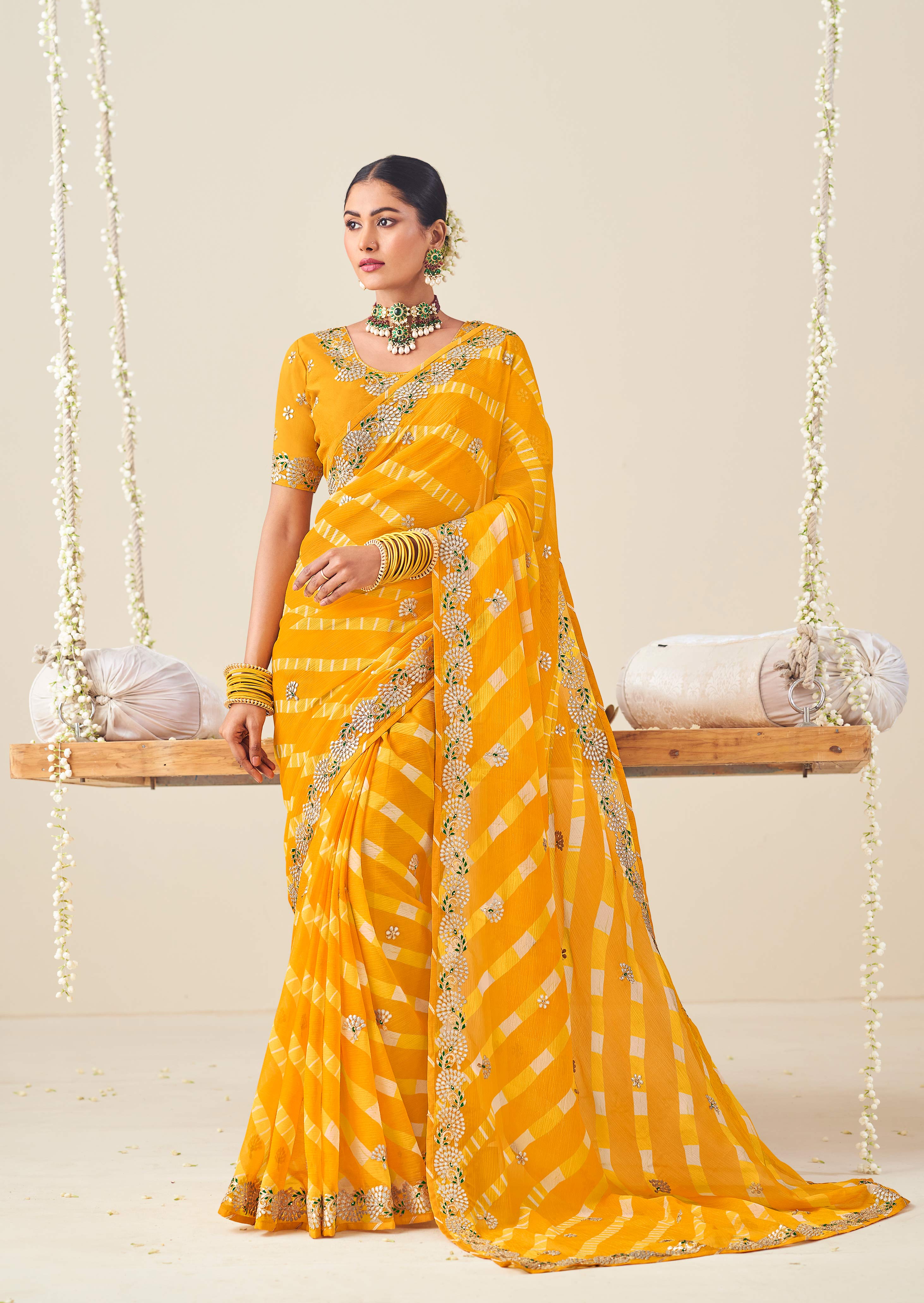 Laxmipati Nazakat Floral Embroidered Chiffon Saree in Yellow Color with Unstitched Blouse