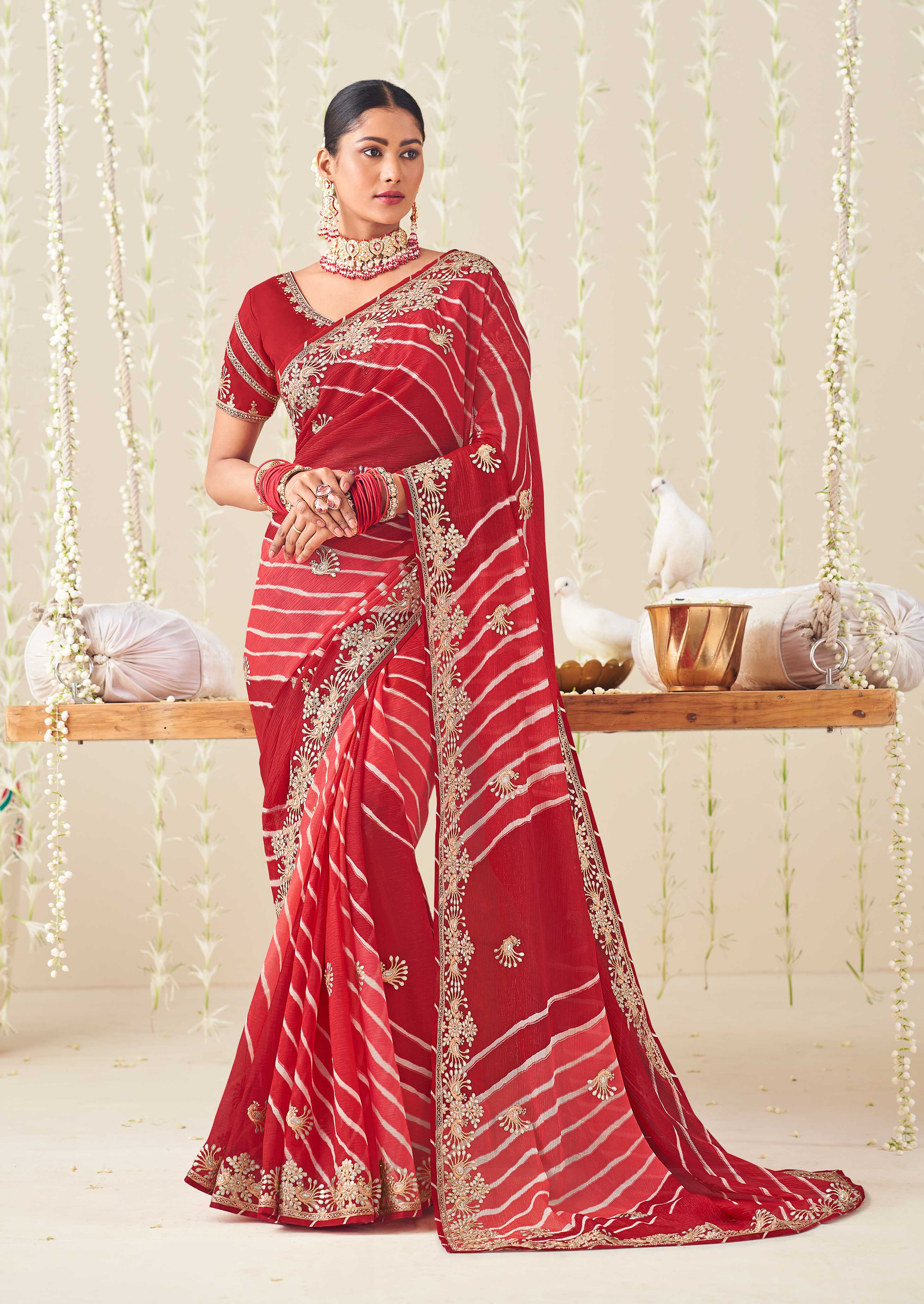 Laxmipati Nazakat Floral Embroidered Chiffon Saree in Red Color with Unstitched Blouse