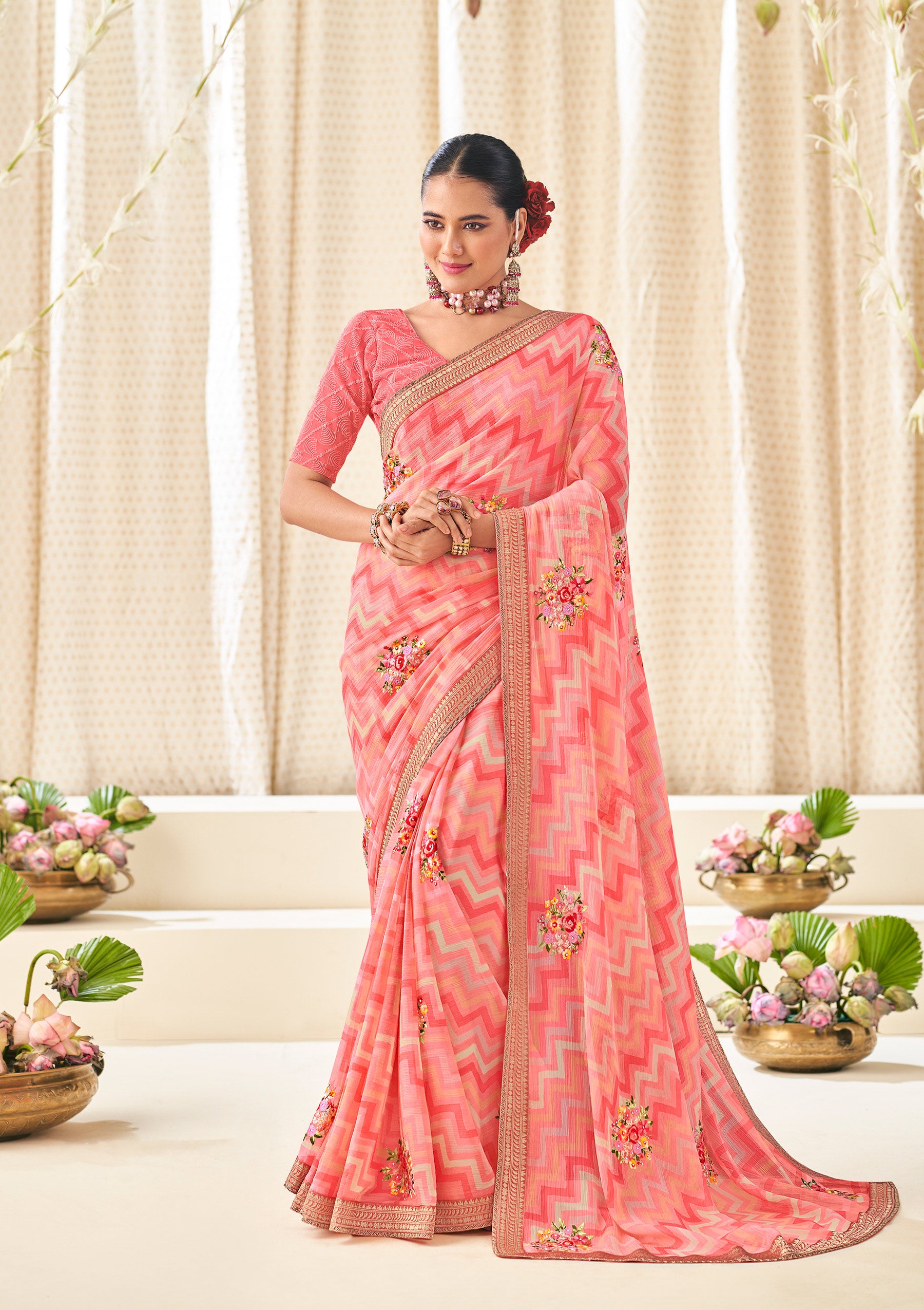 Peach Chiffon Saree with Wavy Print with Floral Embroidery - Aleena