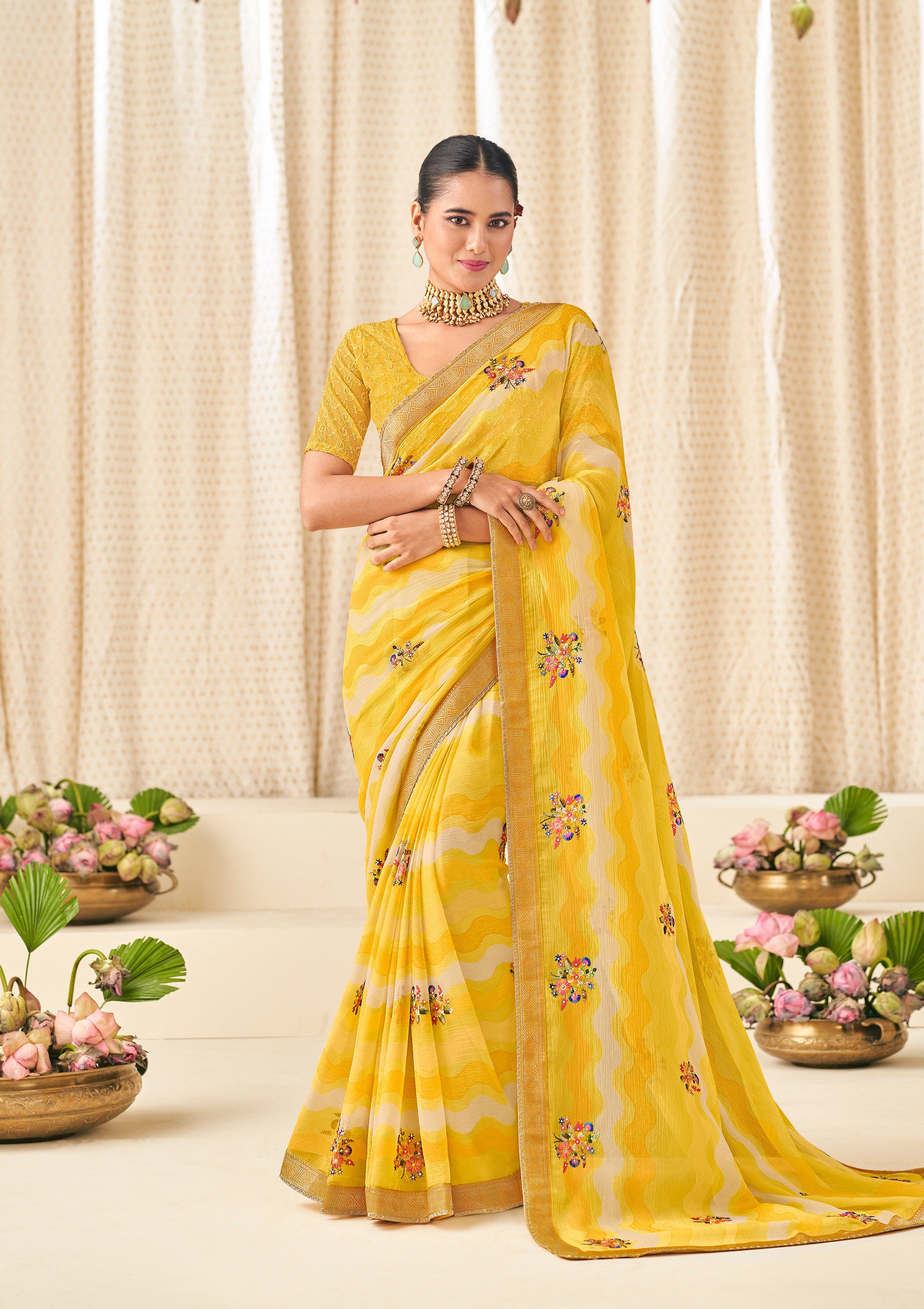 Yellow Chiffon Saree with Wavy Print with Floral Embroidery - Aleena
