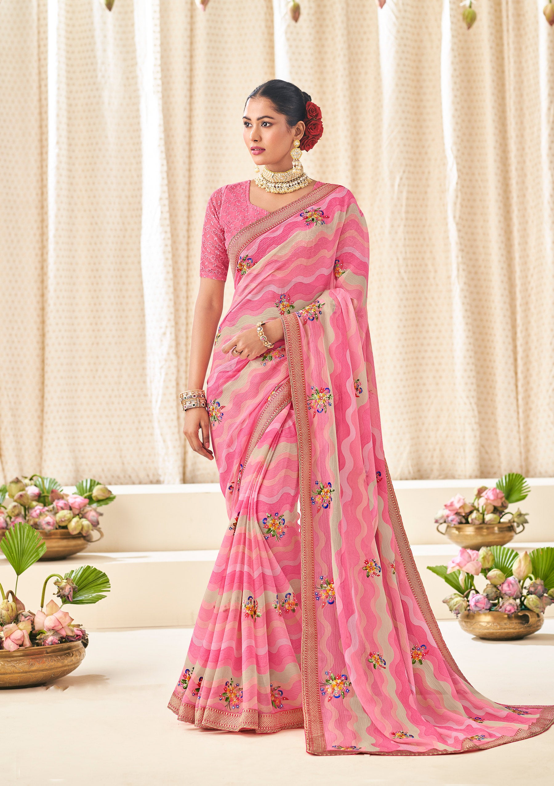 Pink Chiffon Saree with Wavy Print with Floral Embroidery - Aleena