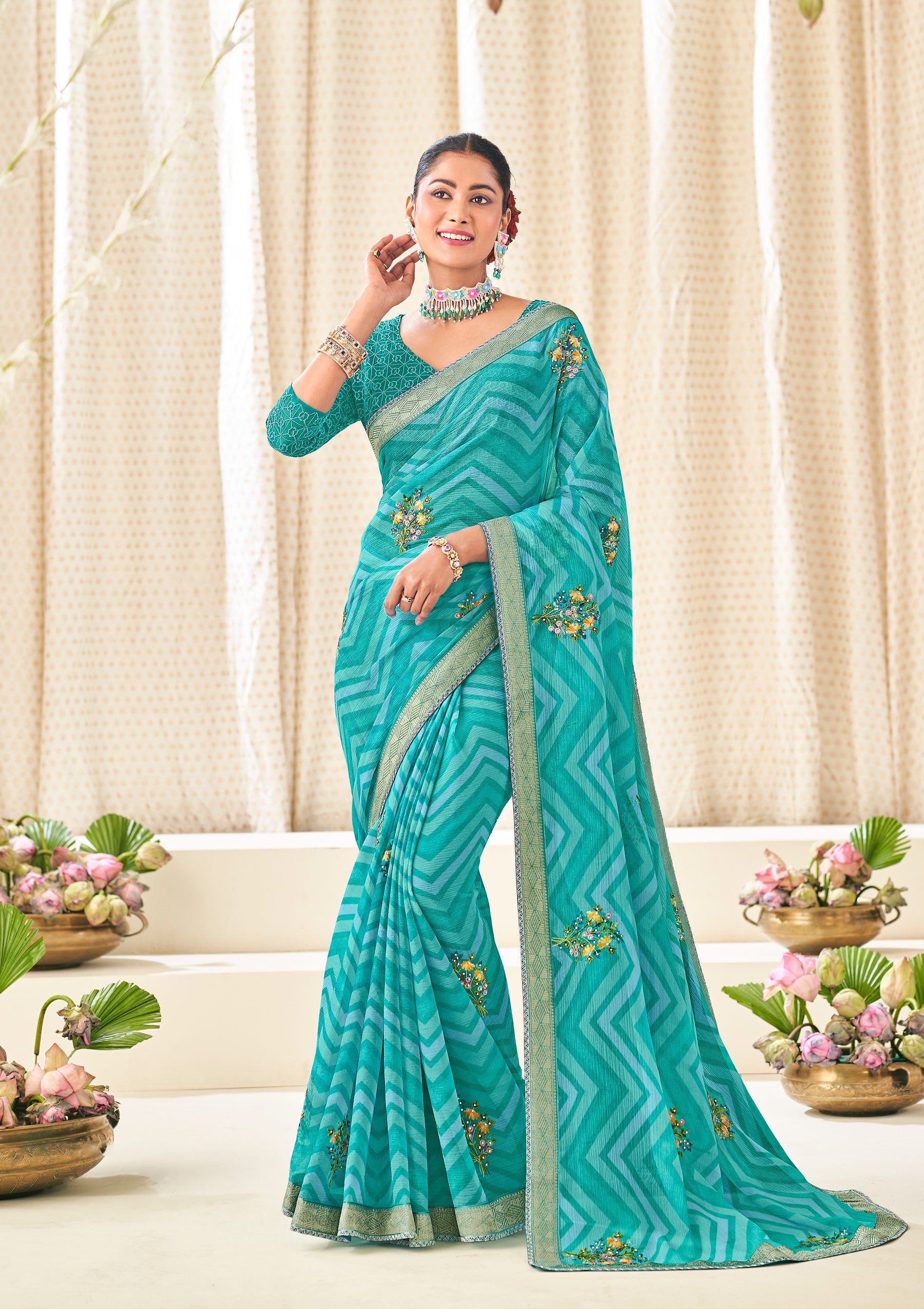 Sky Blue Chiffon Saree with Wavy Print with Floral Embroidery - Aleena