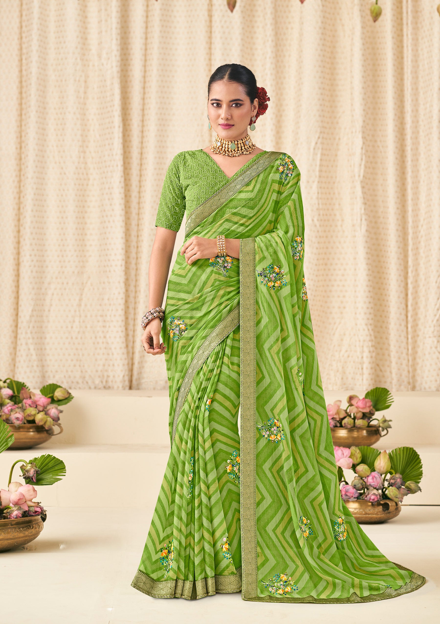 Green Chiffon Saree with Wavy Print with Floral Embroidery - Aleena