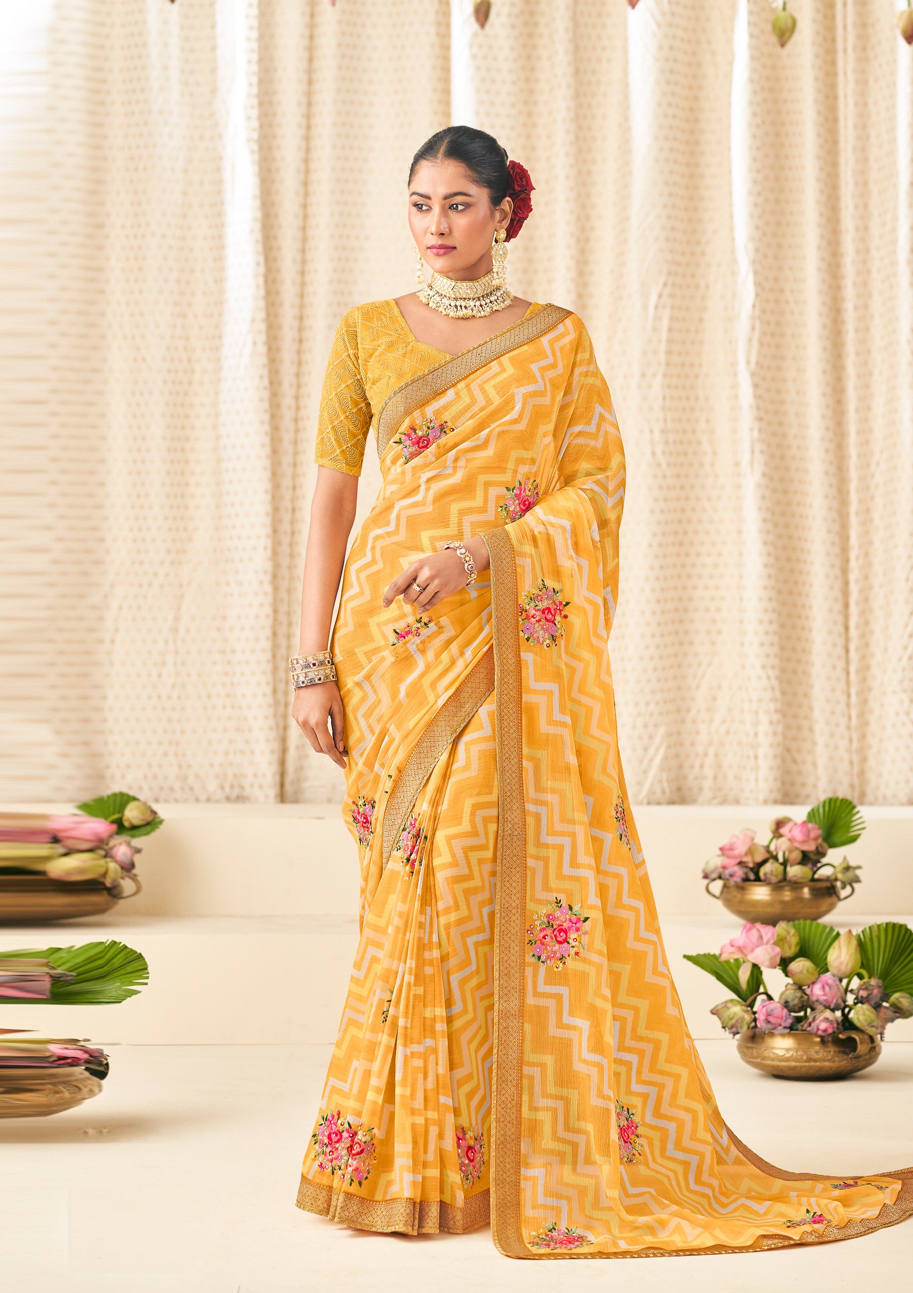 Mustard Chiffon Saree with Wavy Print with Floral Embroidery - Aleena