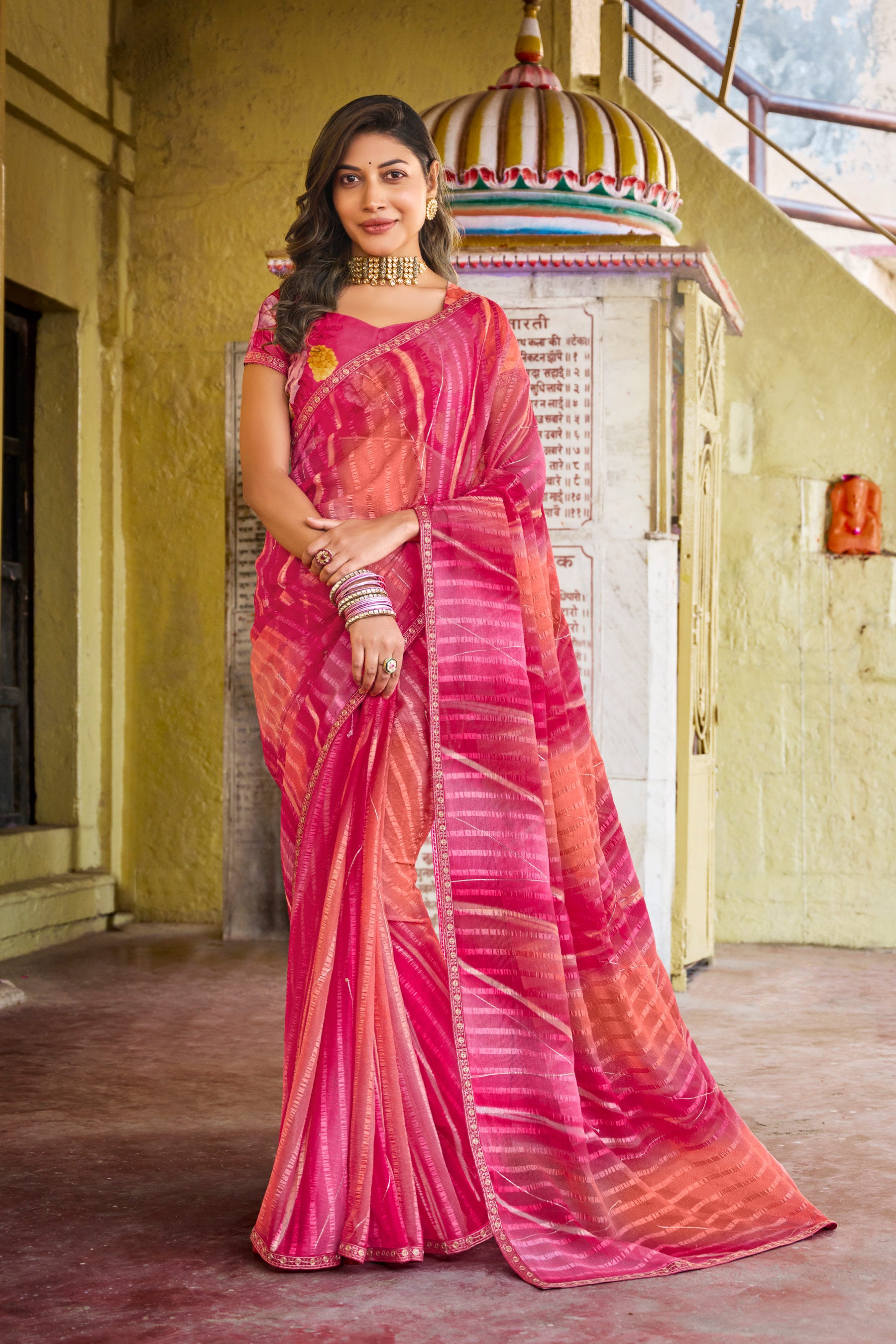 Ready to Wear Multicolor Chiffon Saree with Stripe Print With Lace border – Parampara