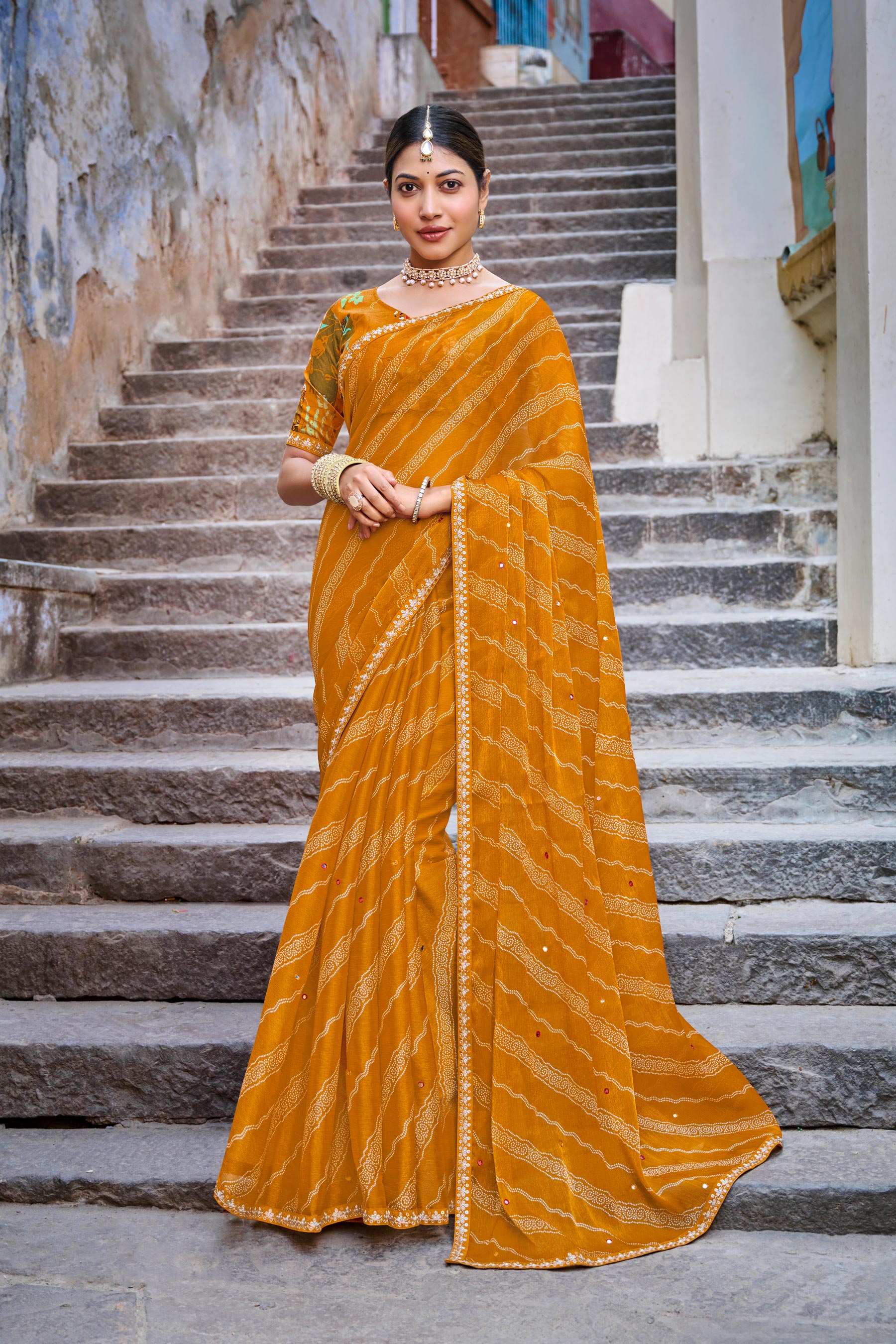Ready to Wear Mustard Satin Chiffon Saree with Stripe Print – Parampara