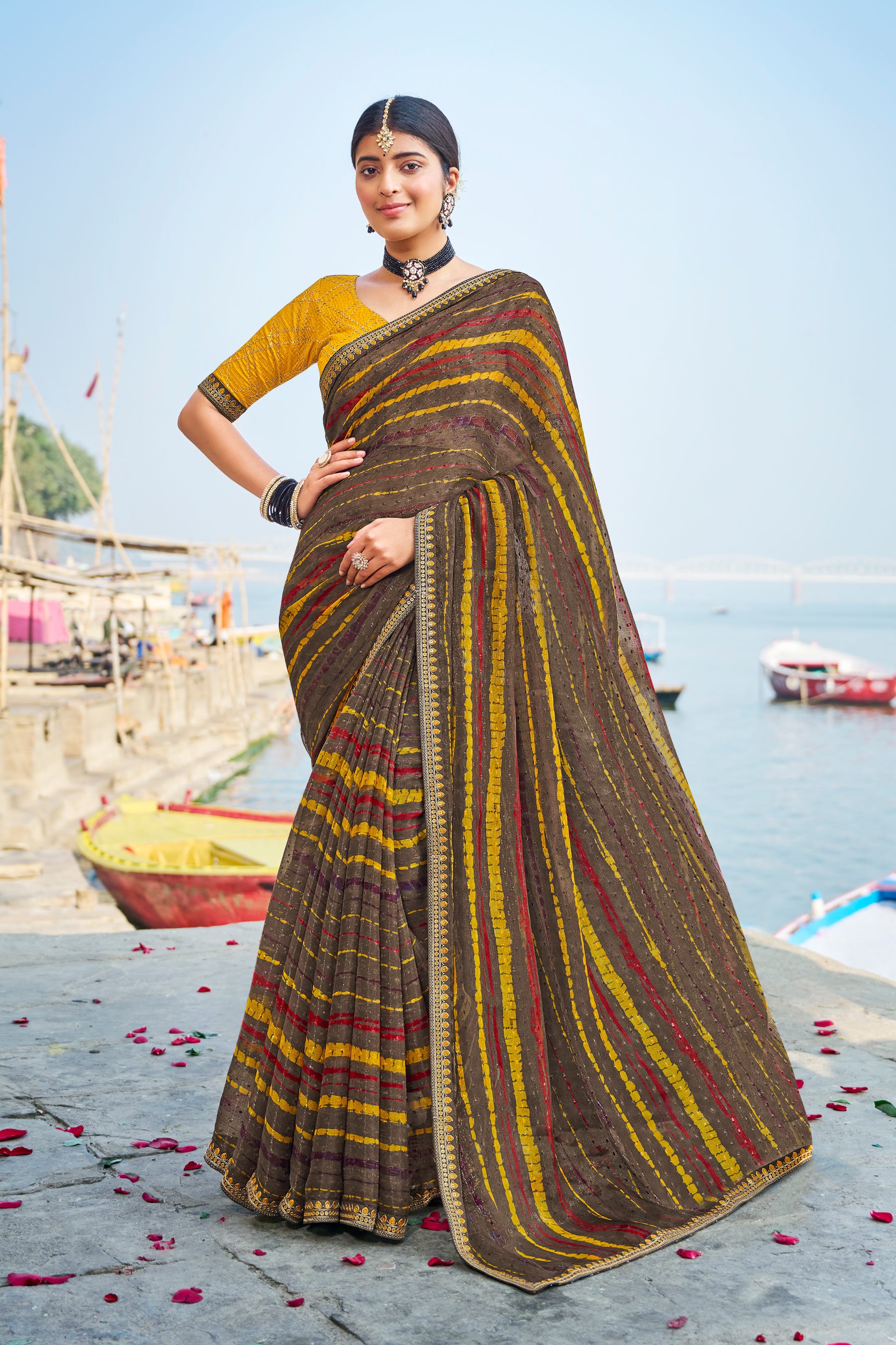 Ready to Wear Brown Chiffon Saree with Stripe Print – Exclusive Parampara