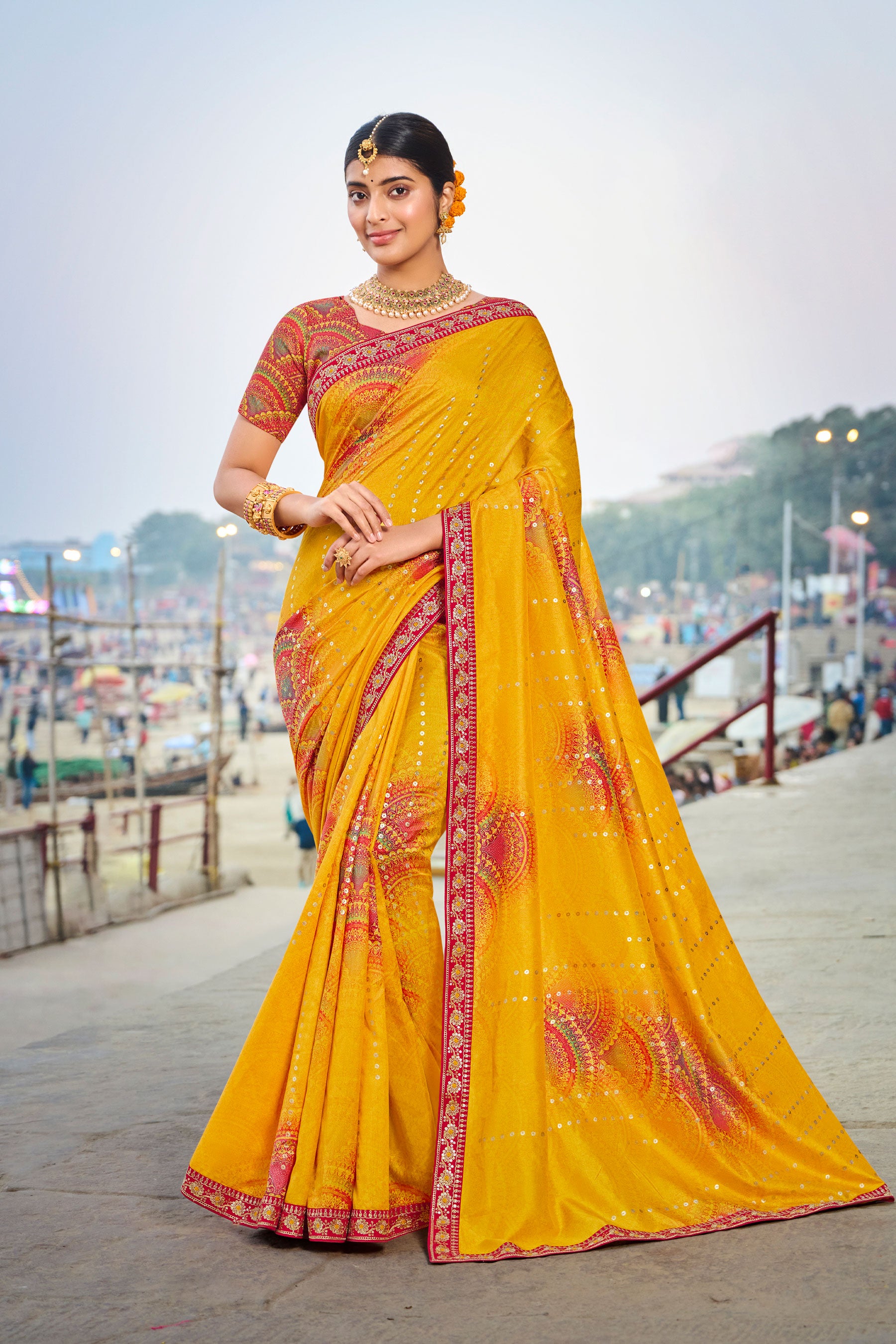Laxmipati Lagan Yellow Chiffon Geometric Printed Saree