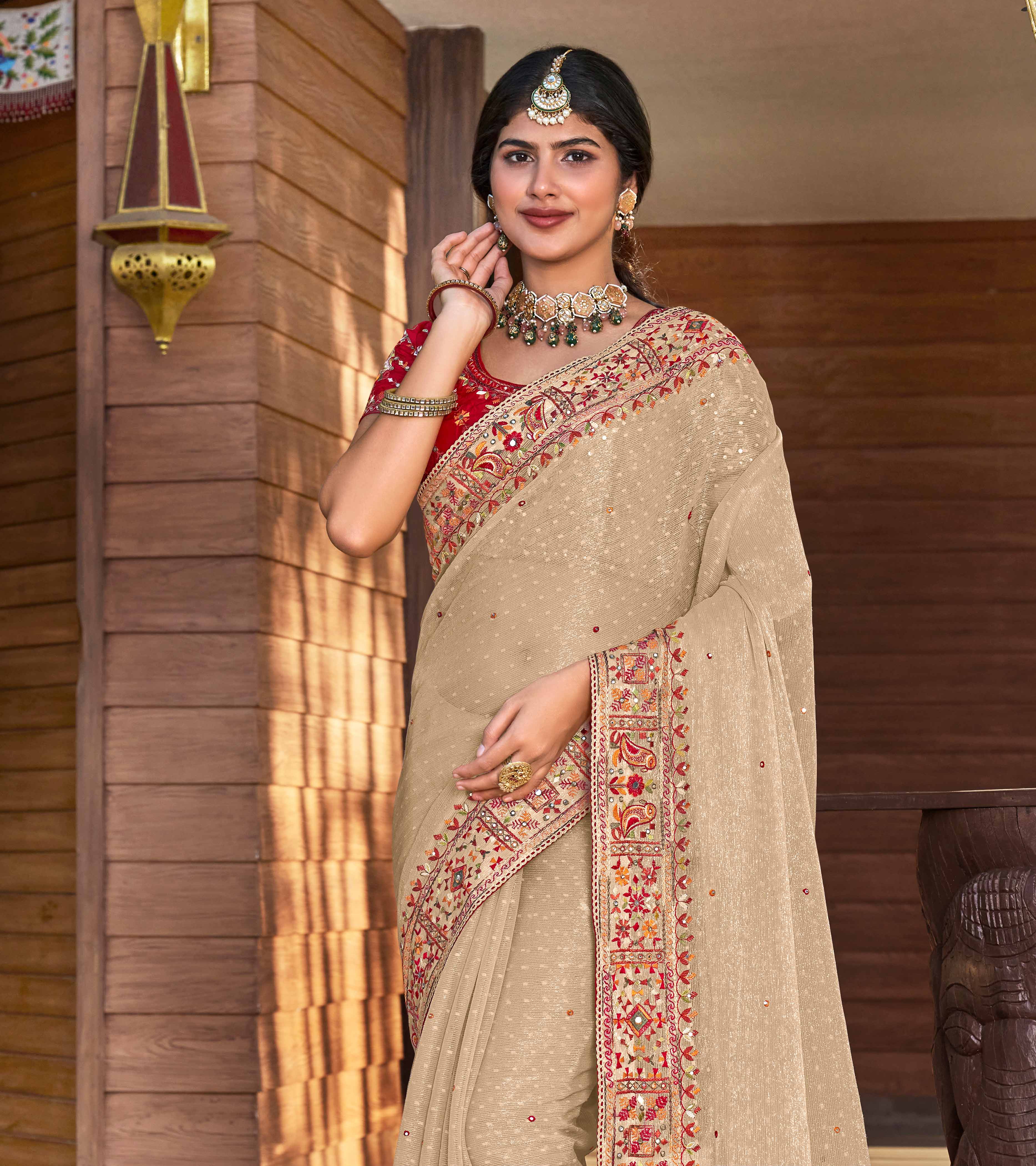 Beige Chiffon Saree with Resham & Stone Work - Aishwrya
