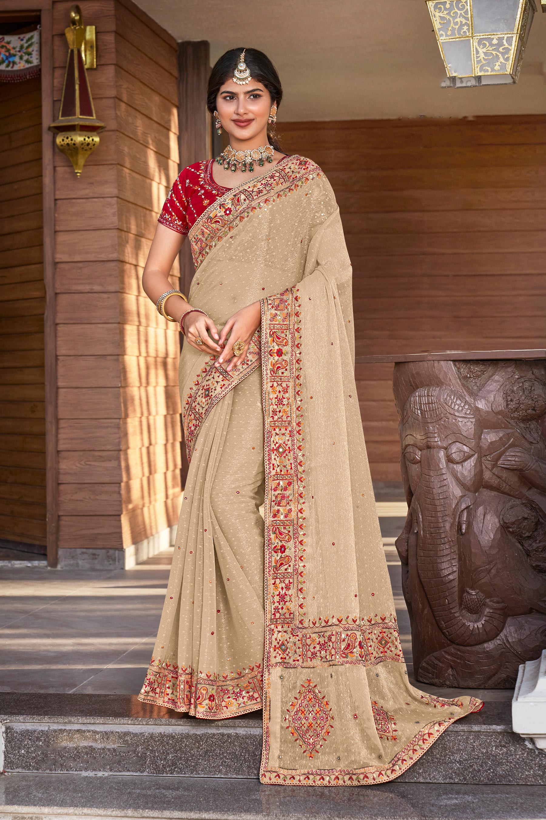 Beige Chiffon Saree with Resham & Stone Work - Aishwrya