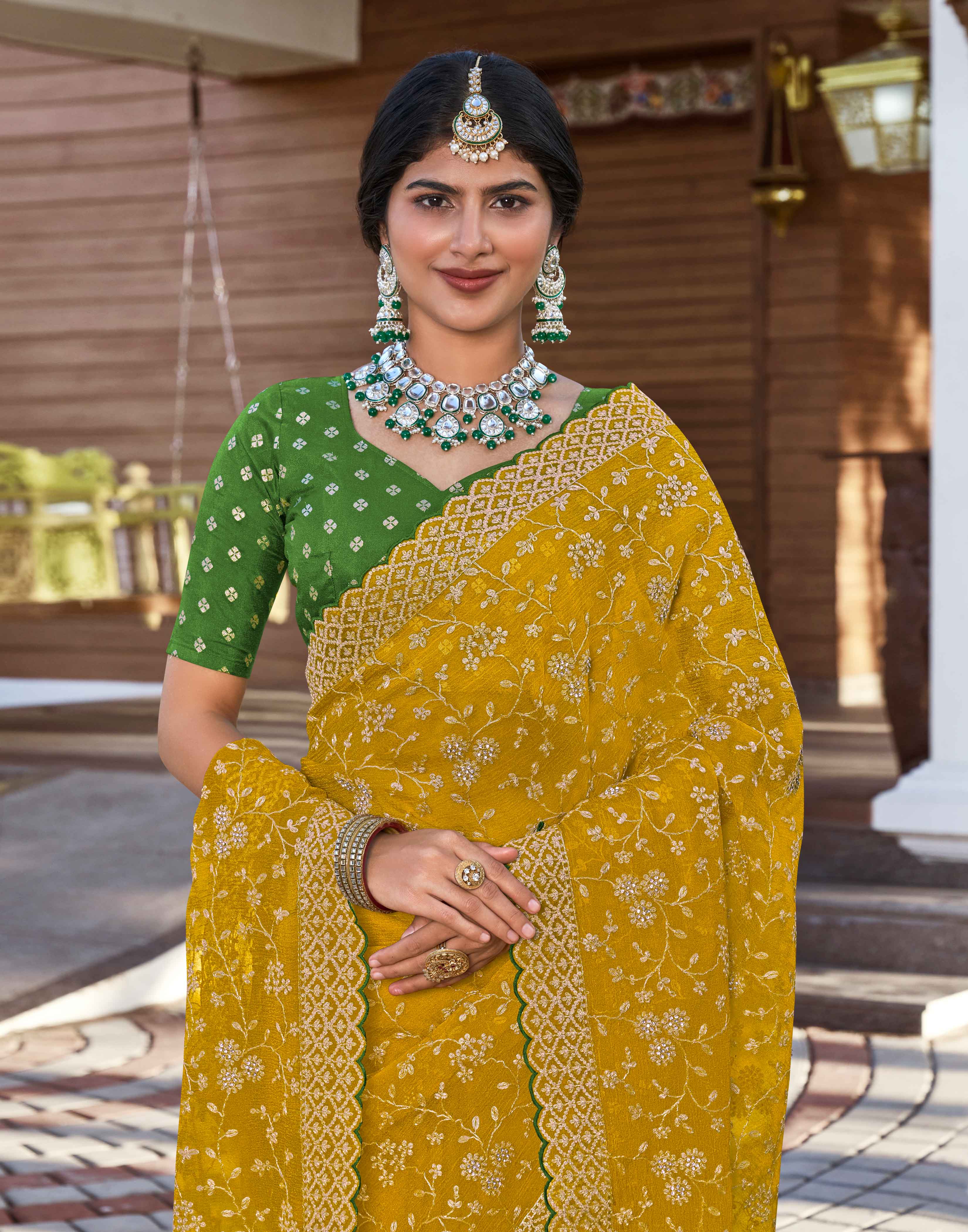 Yellow Chiffon Saree with Zari & Diamond Work - Aishwrya