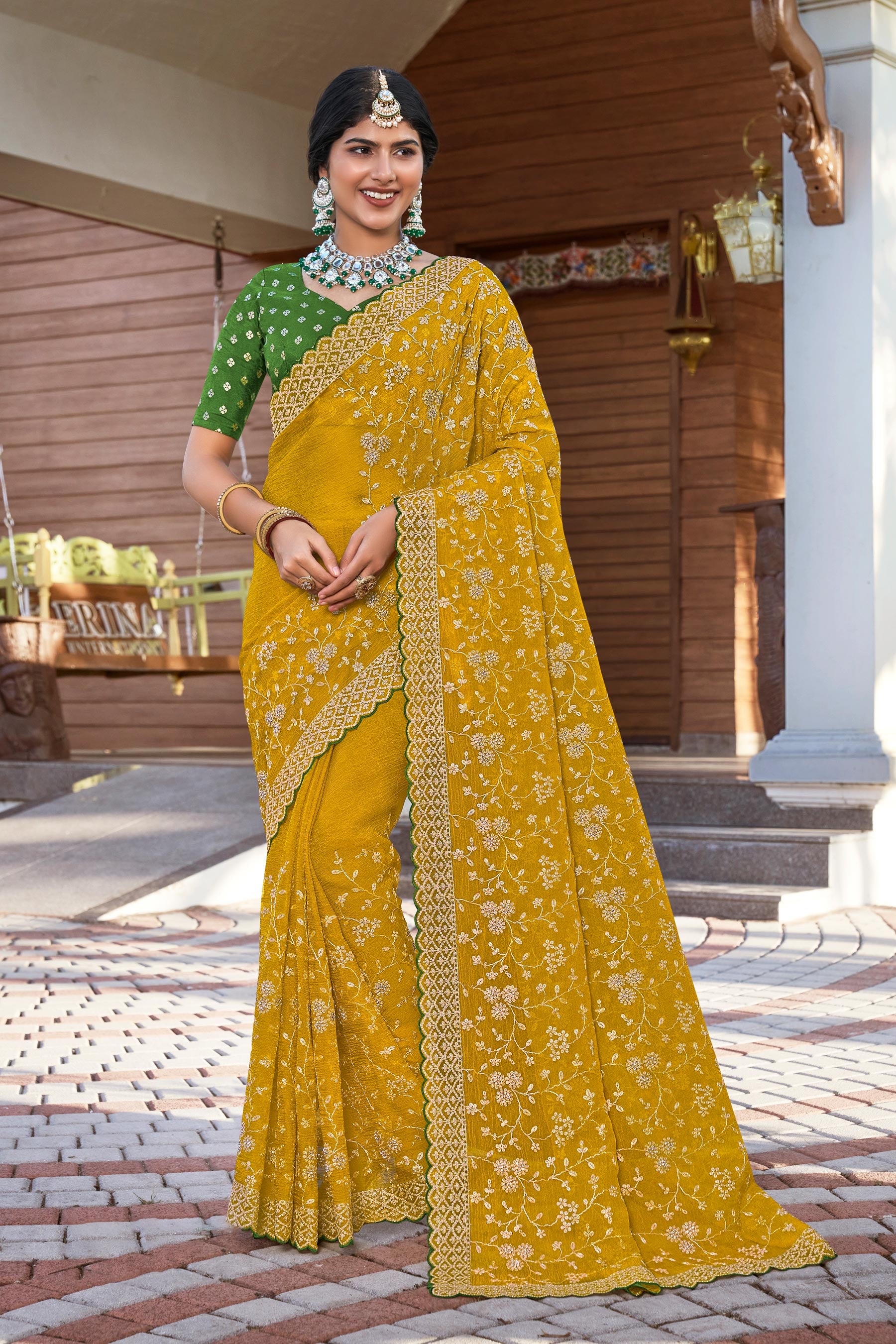 Yellow Chiffon Saree with Zari & Diamond Work - Aishwrya
