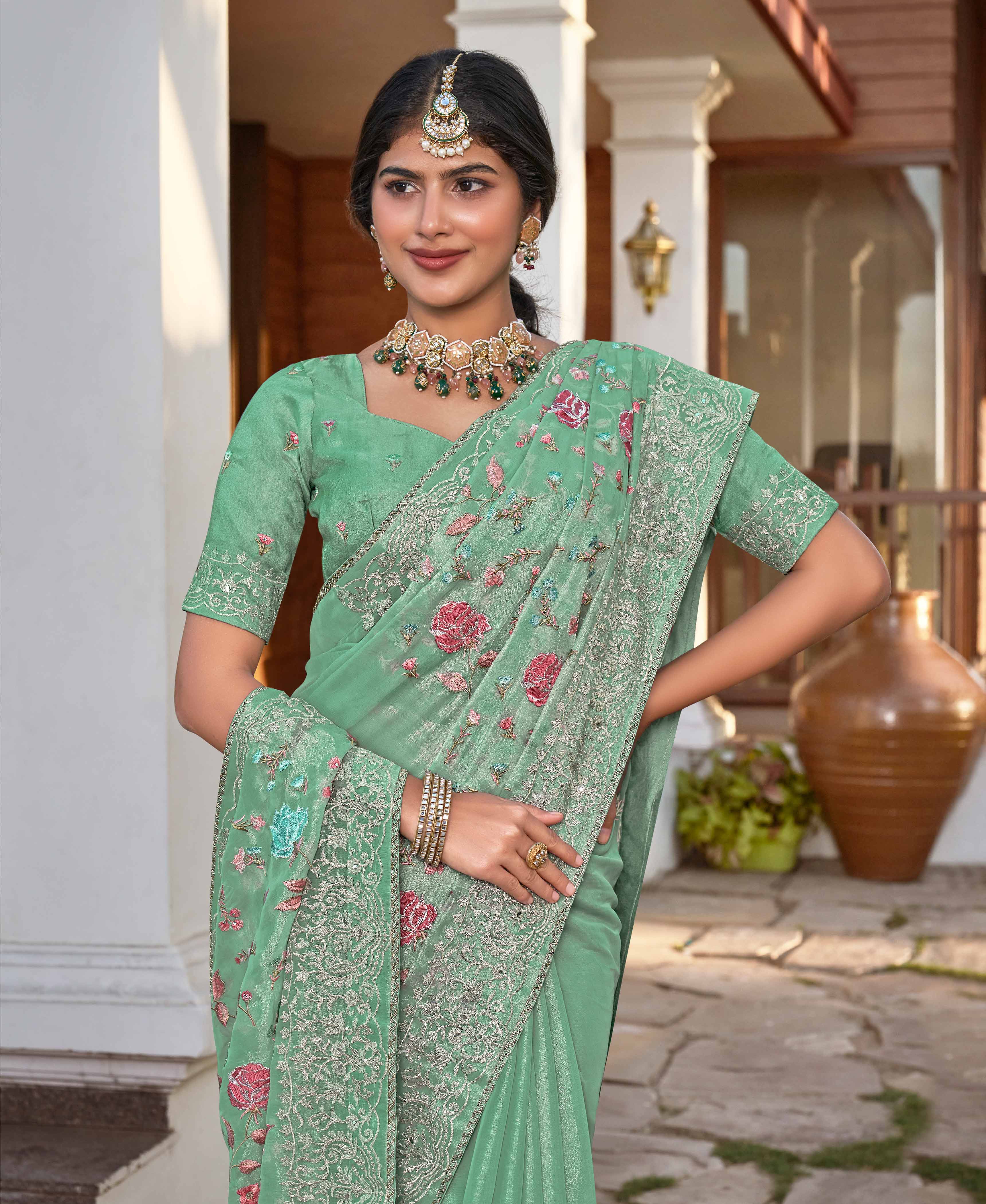 Pastel Green Chiffon Saree with Resham Work - Aishwrya