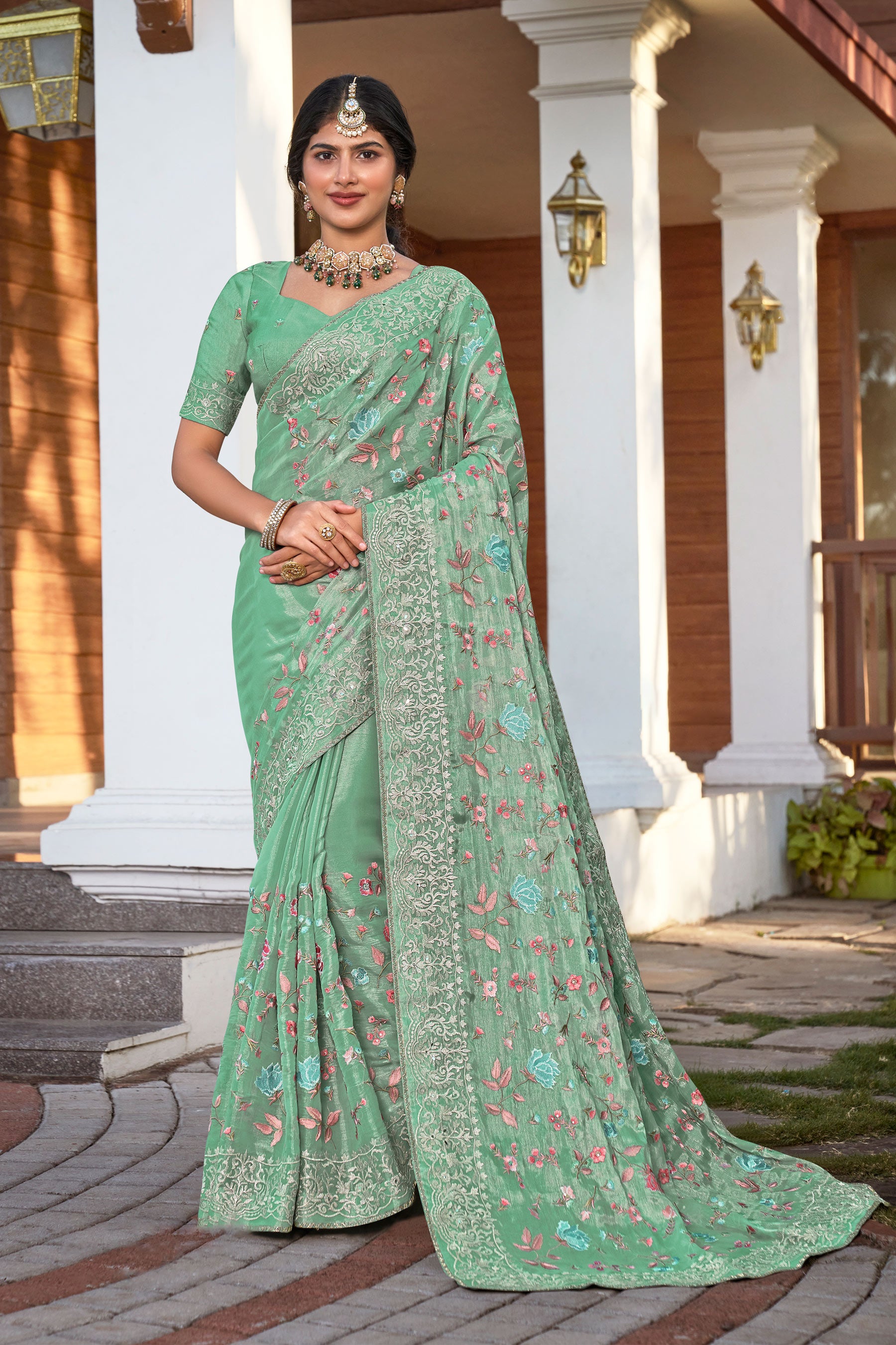 Pastel Green Chiffon Saree with Resham Work - Aishwrya