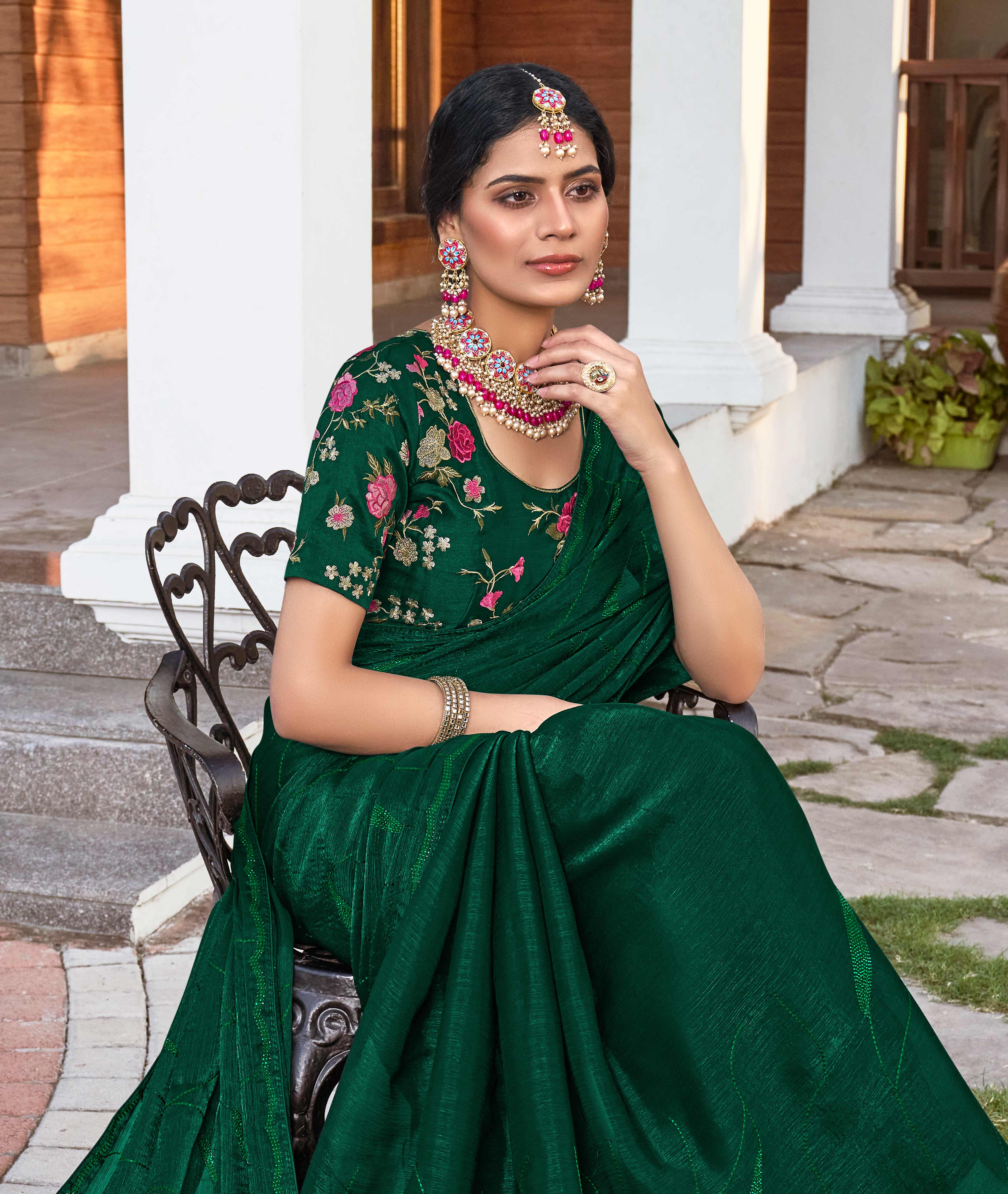 Dark Green Satin Chiffon Saree with Stone Work & Embroidered Blouse - Aishwrya