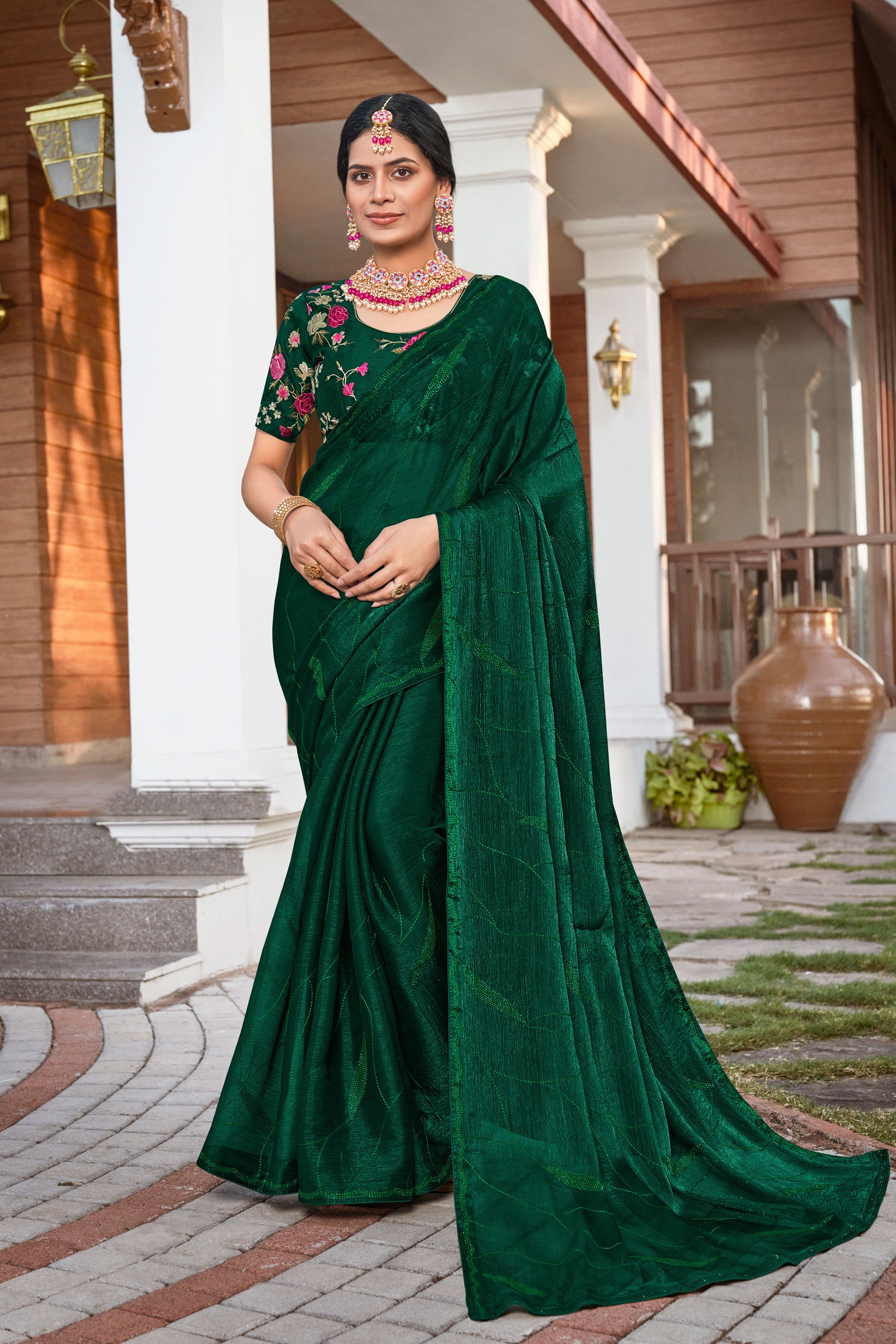 Dark Green Satin Chiffon Saree with Stone Work & Embroidered Blouse - Aishwrya