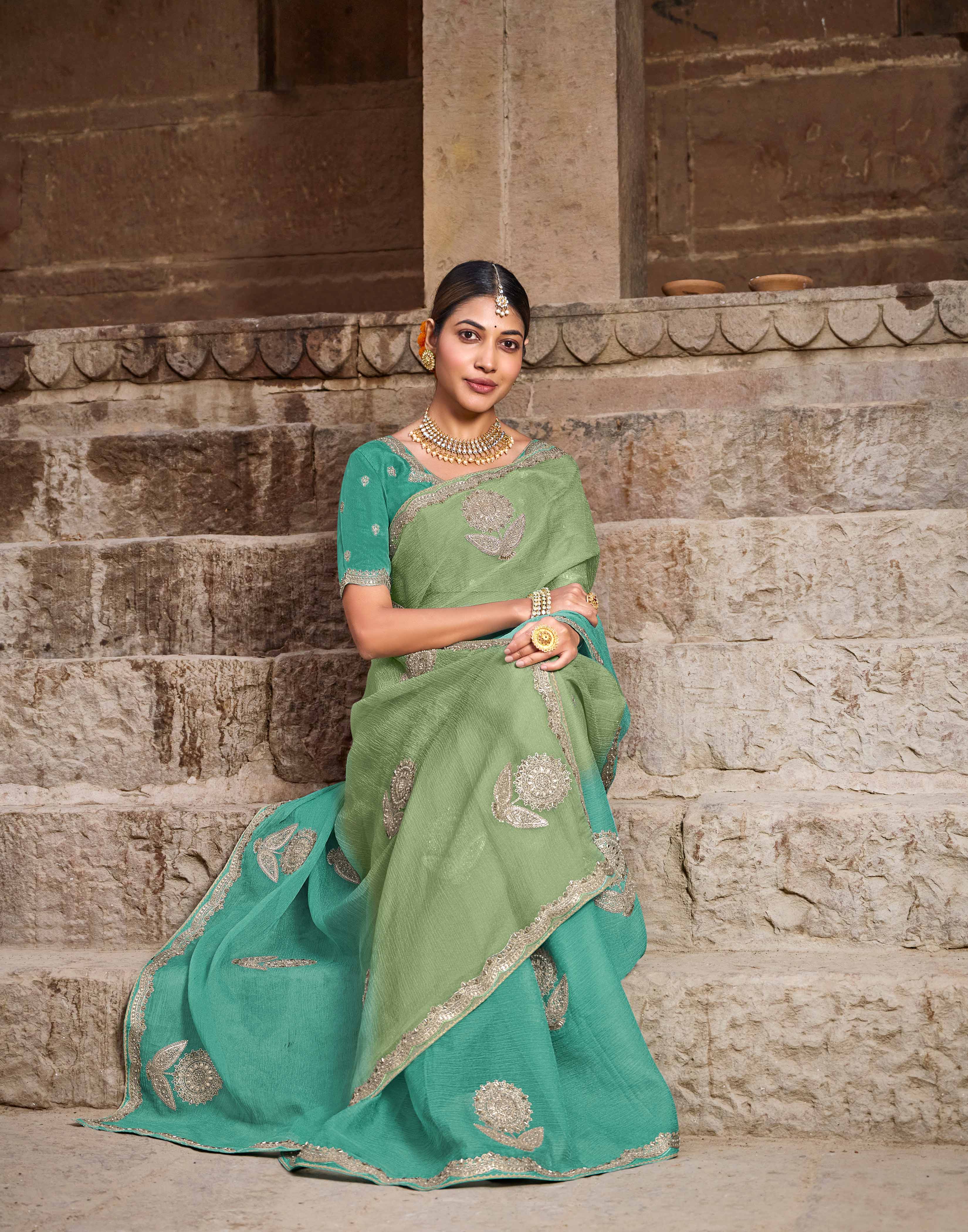Green & Sea Blue Ombre Chiffon Silk Saree with Zari & Pearl Work - Aishwrya