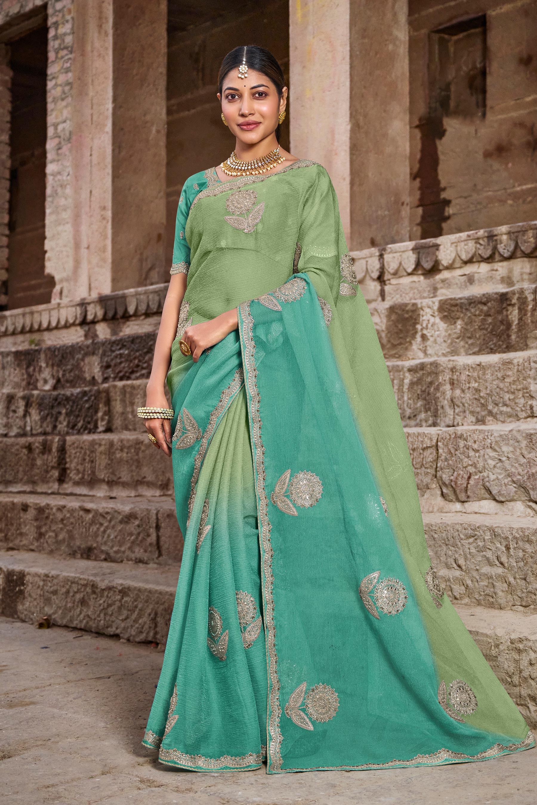 Green & Sea Blue Ombre Chiffon Silk Saree with Zari & Pearl Work - Aishwrya