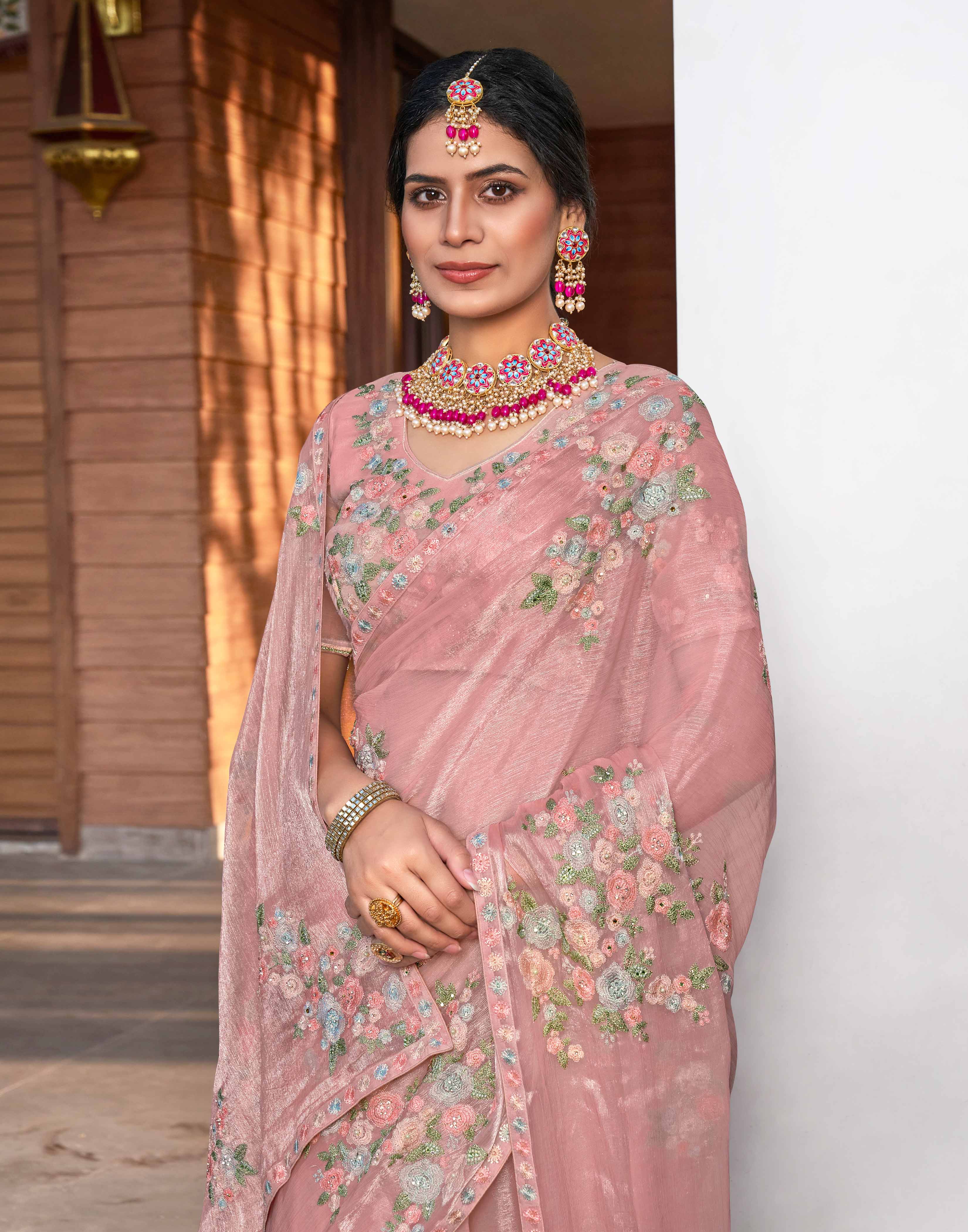 Pastel Pink Satin Chiffon Saree with Floral Resham Embroidery - Aishwrya