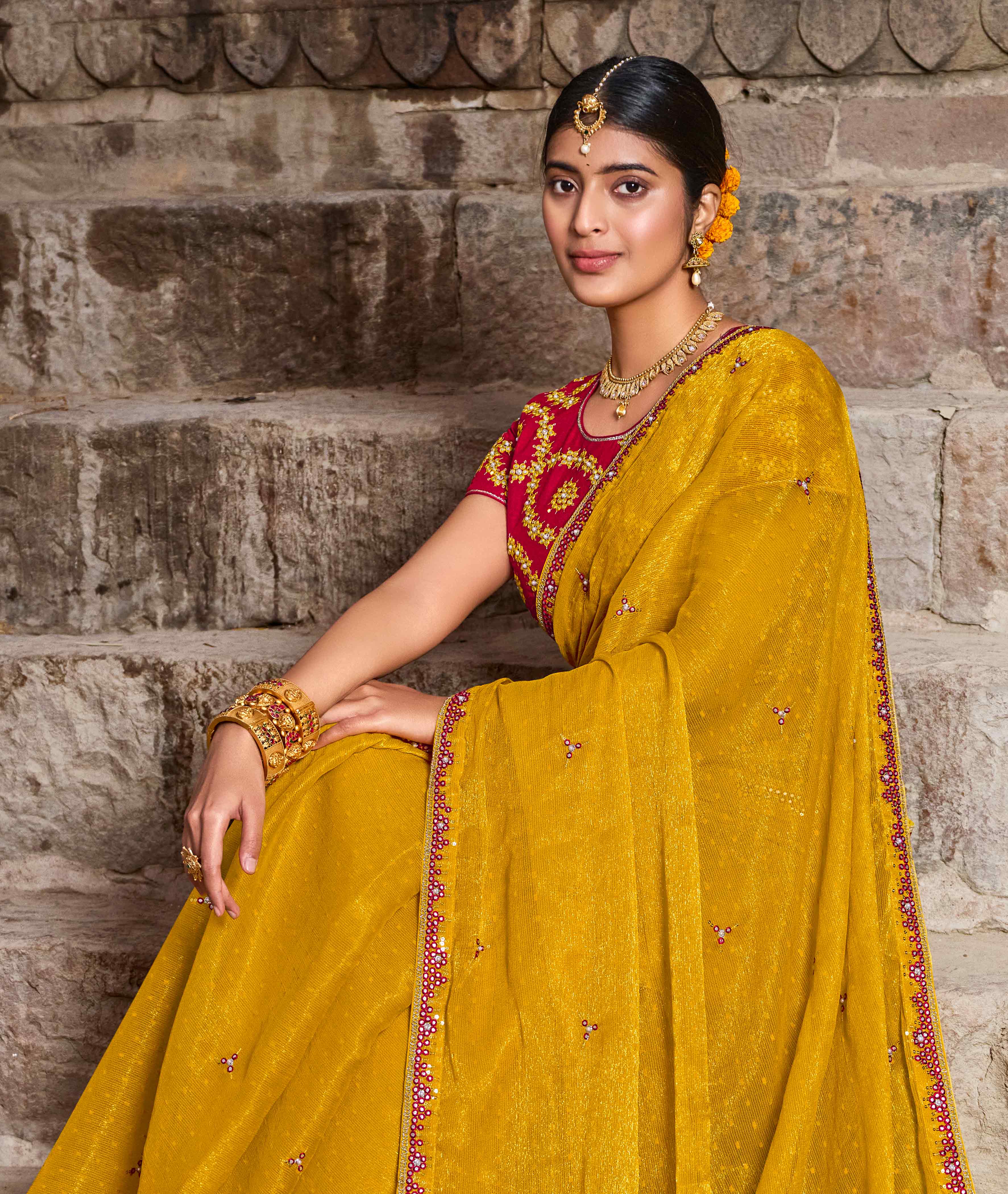 Mustard Chiffon Saree with Resham Work - Aishwrya
