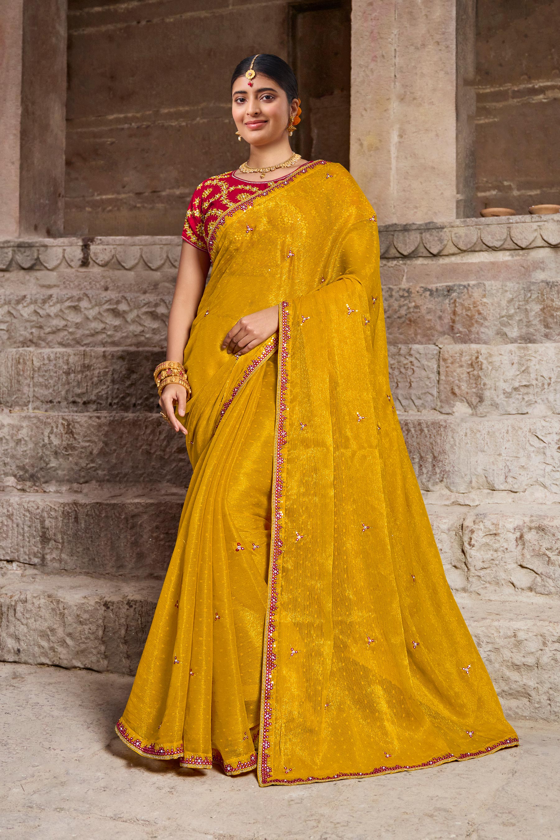 Mustard Chiffon Saree with Resham Work - Aishwrya