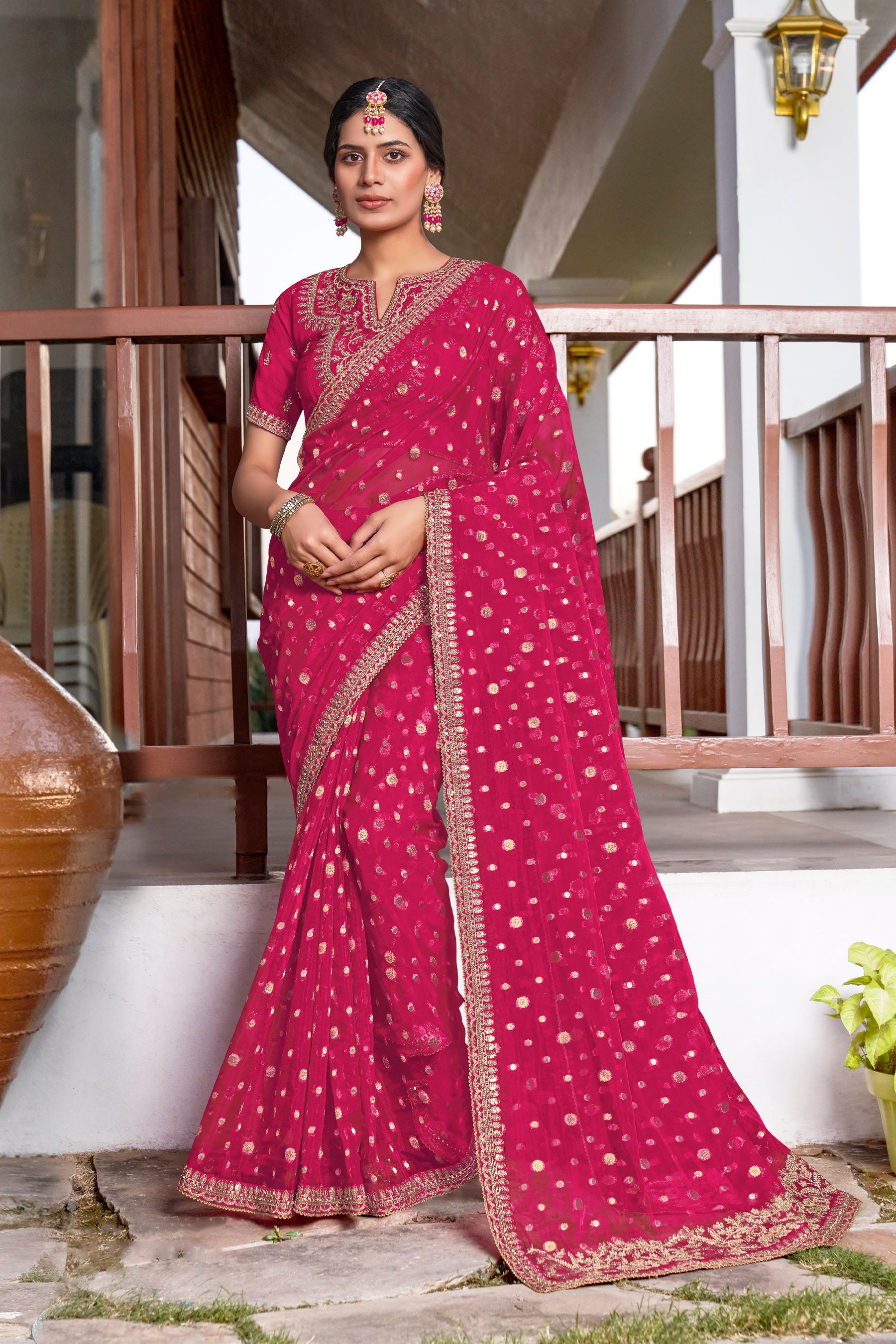 Pink Viscose Saree with Zari & Sequin Work - Aishwrya