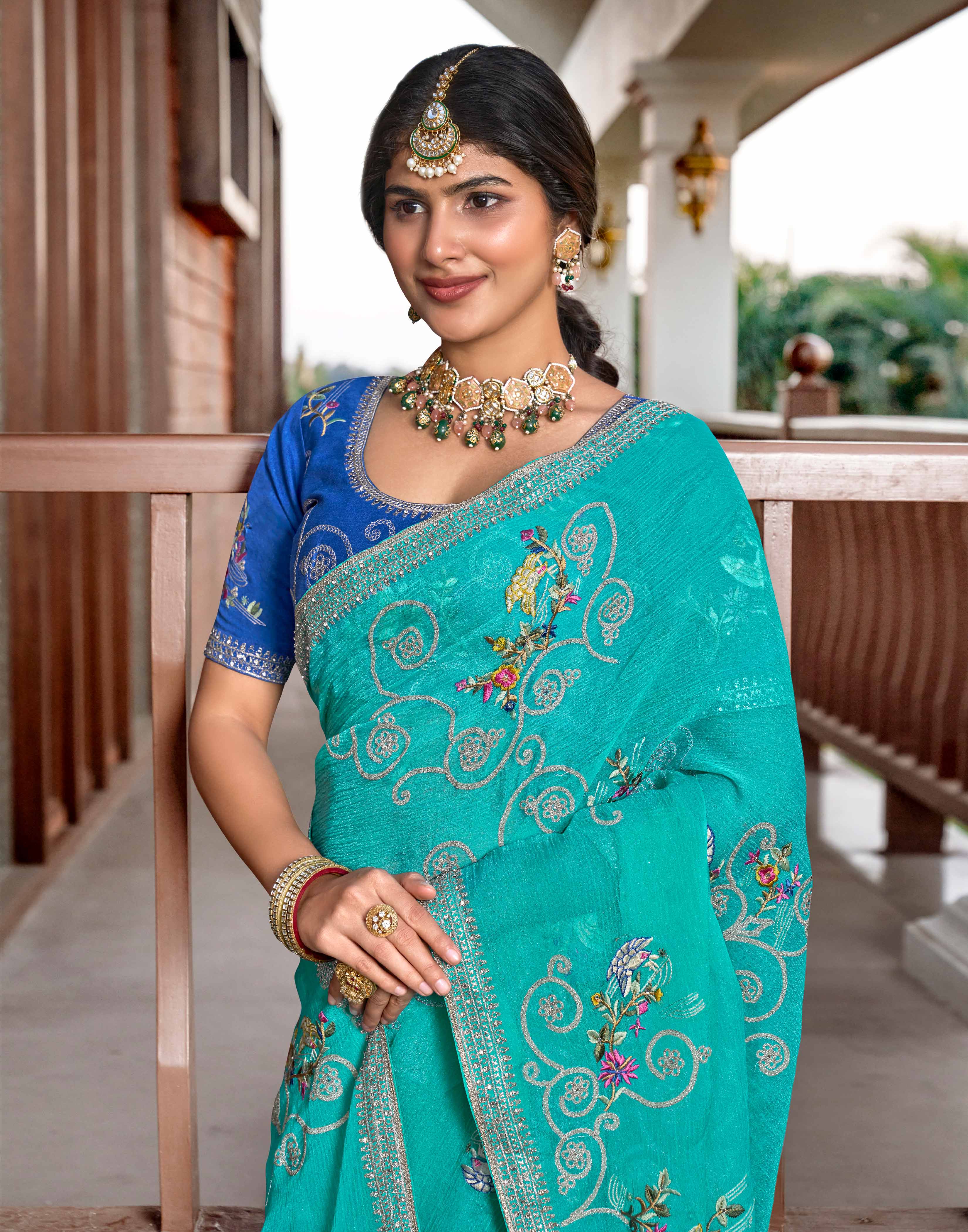 Sea Blue Saree with Resham & Zari Floral Embroidery - Aishwrya