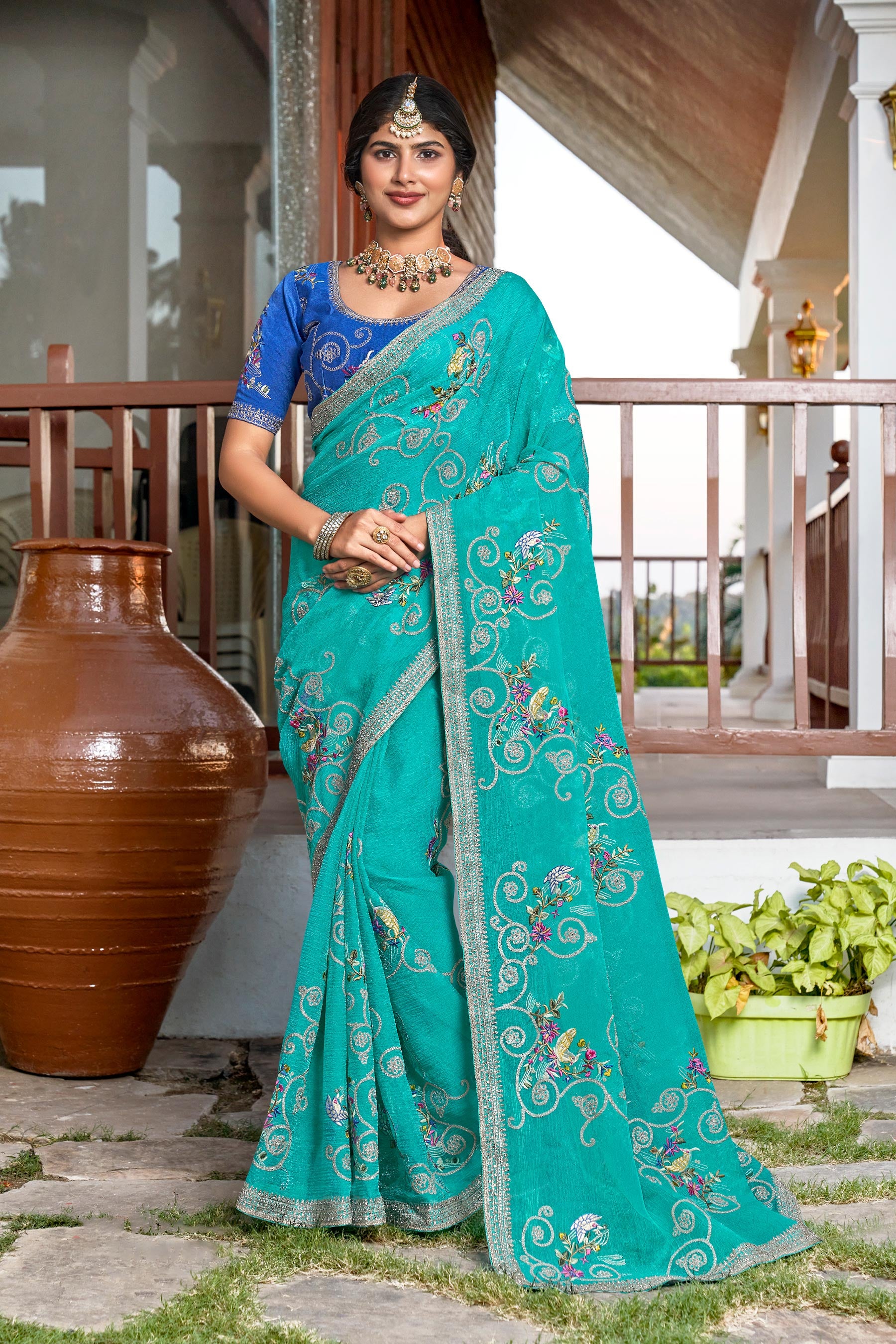 Sea Blue Saree with Resham & Zari Floral Embroidery - Aishwrya