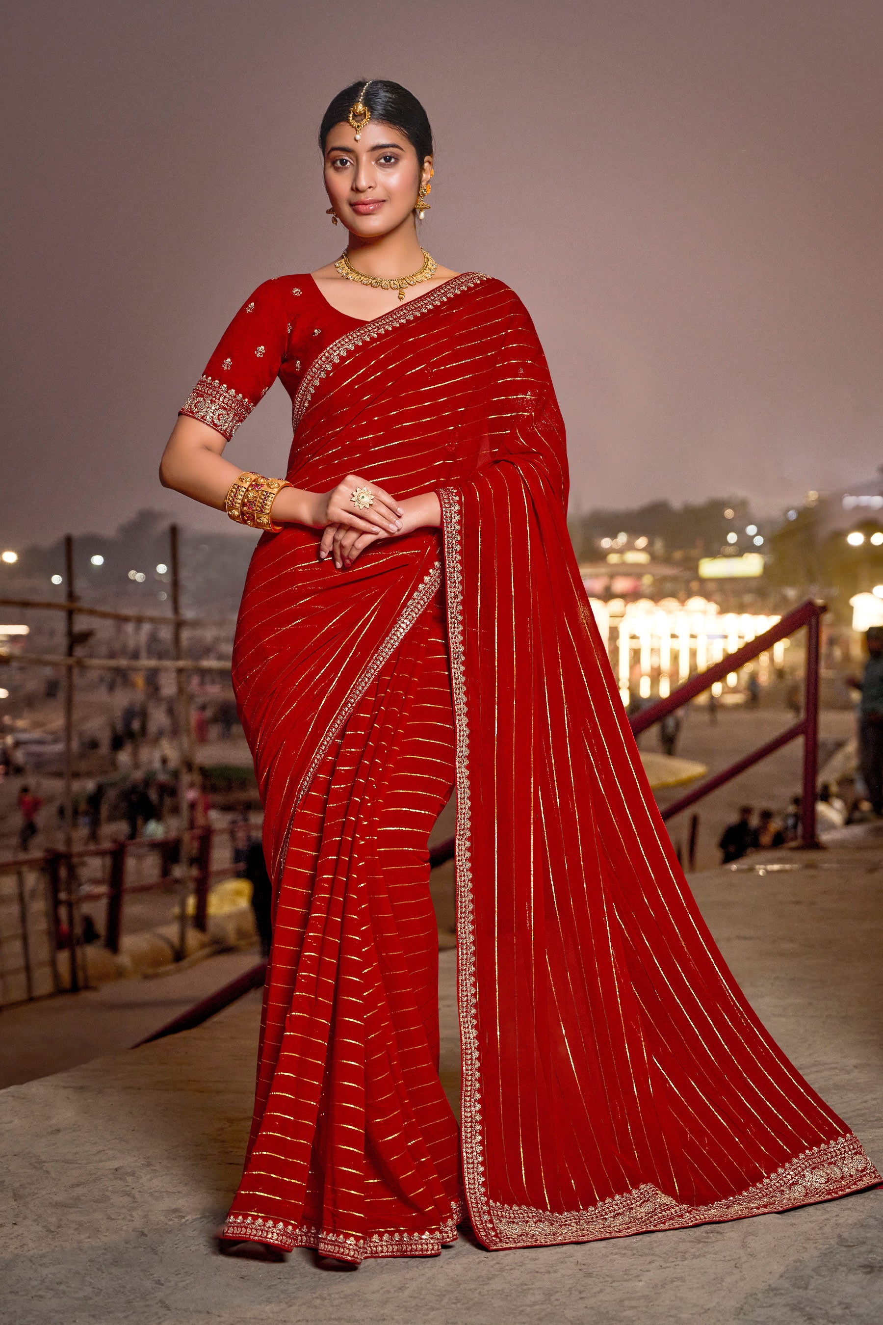 Red Viscose Lining Saree with Zari Work - Aishwrya