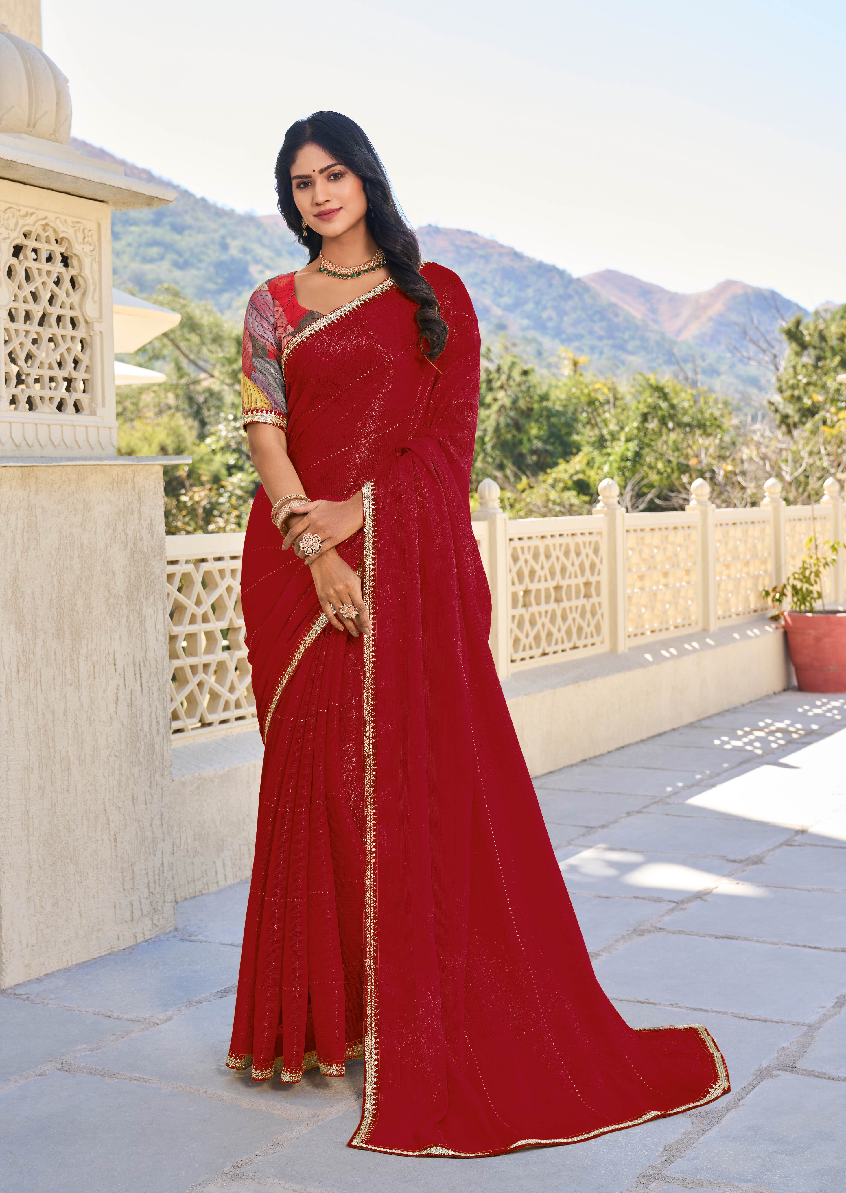 Red Chiffon Printed Saree – Elegant, Lightweight & Stylish - Rang Panchami