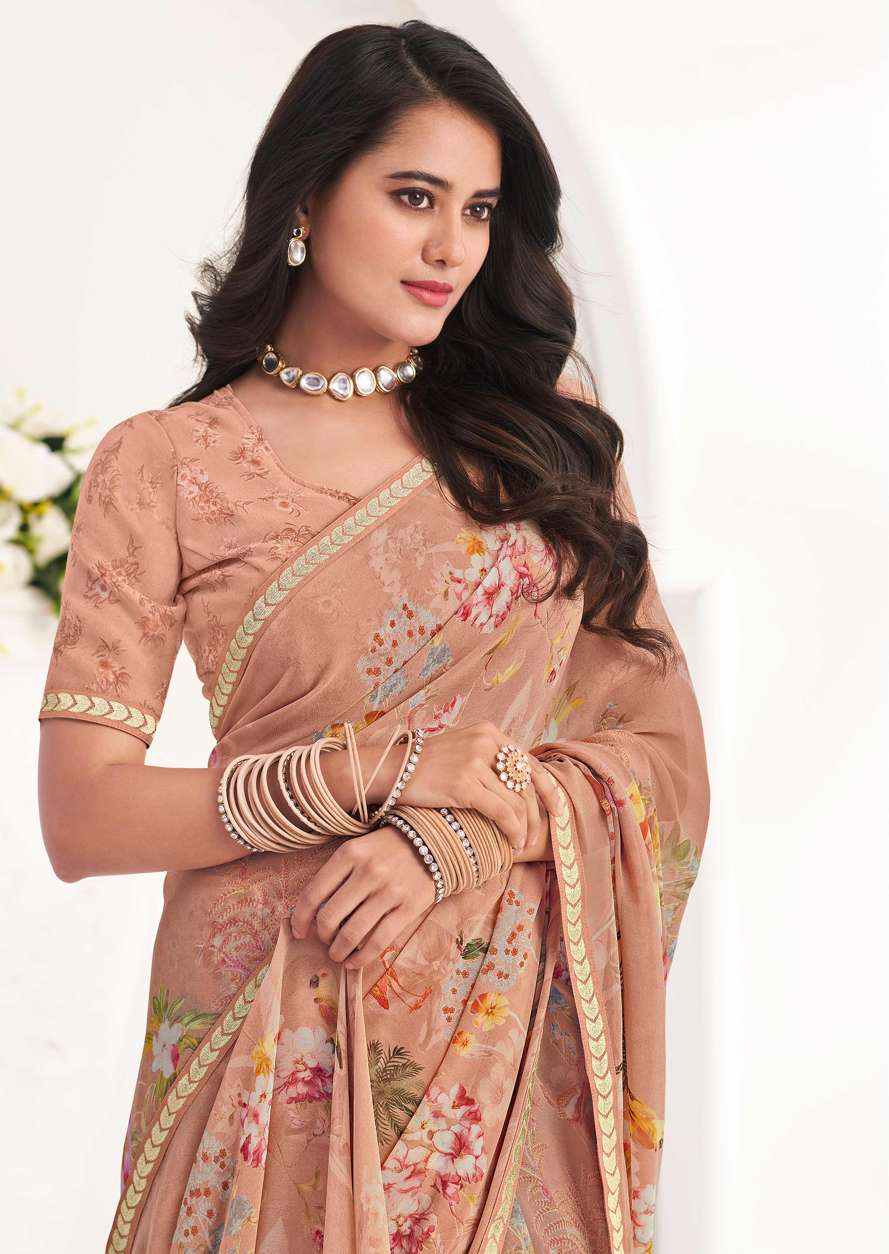 Brown Floral Georgette Saree - Gulabo
