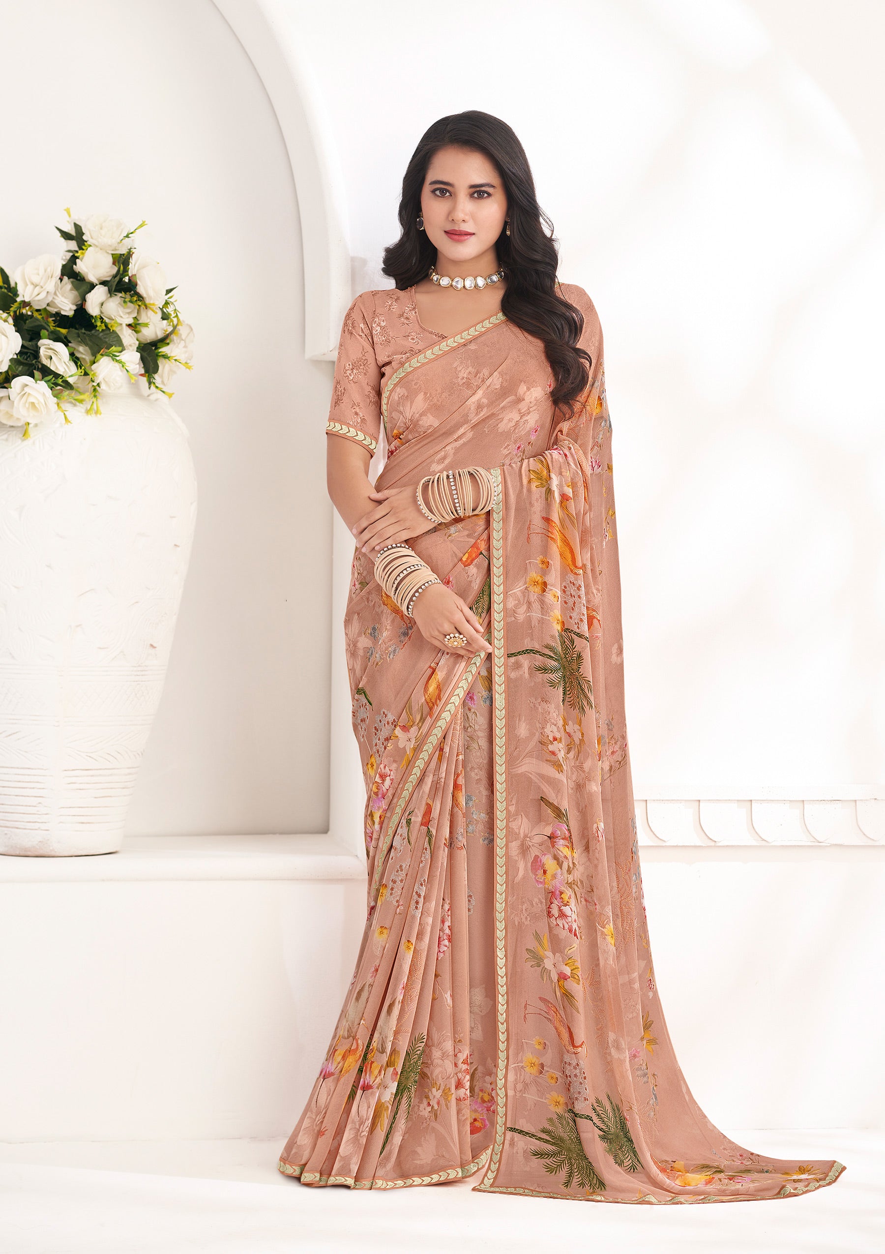 Brown Floral Georgette Saree - Gulabo